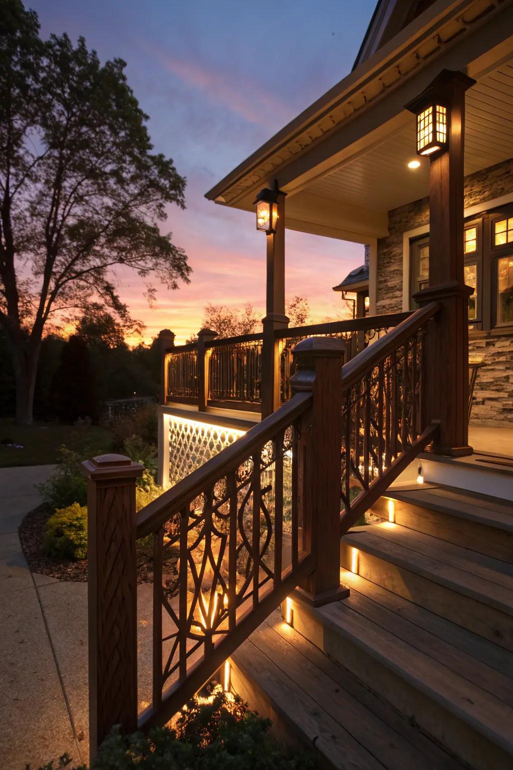 Integrated lighting provides elegance and function in Craftsman railings.