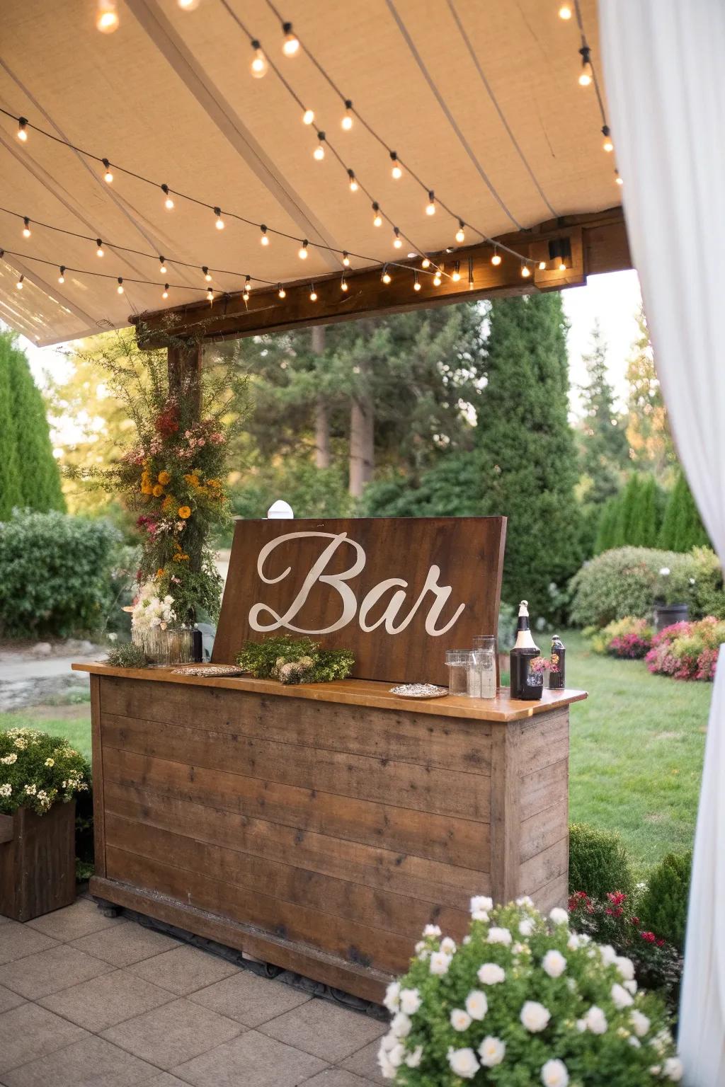 Personalized decor adds a unique touch to this outdoor bar.