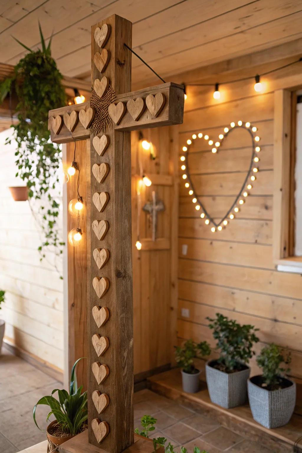Cross adorned with wooden hearts