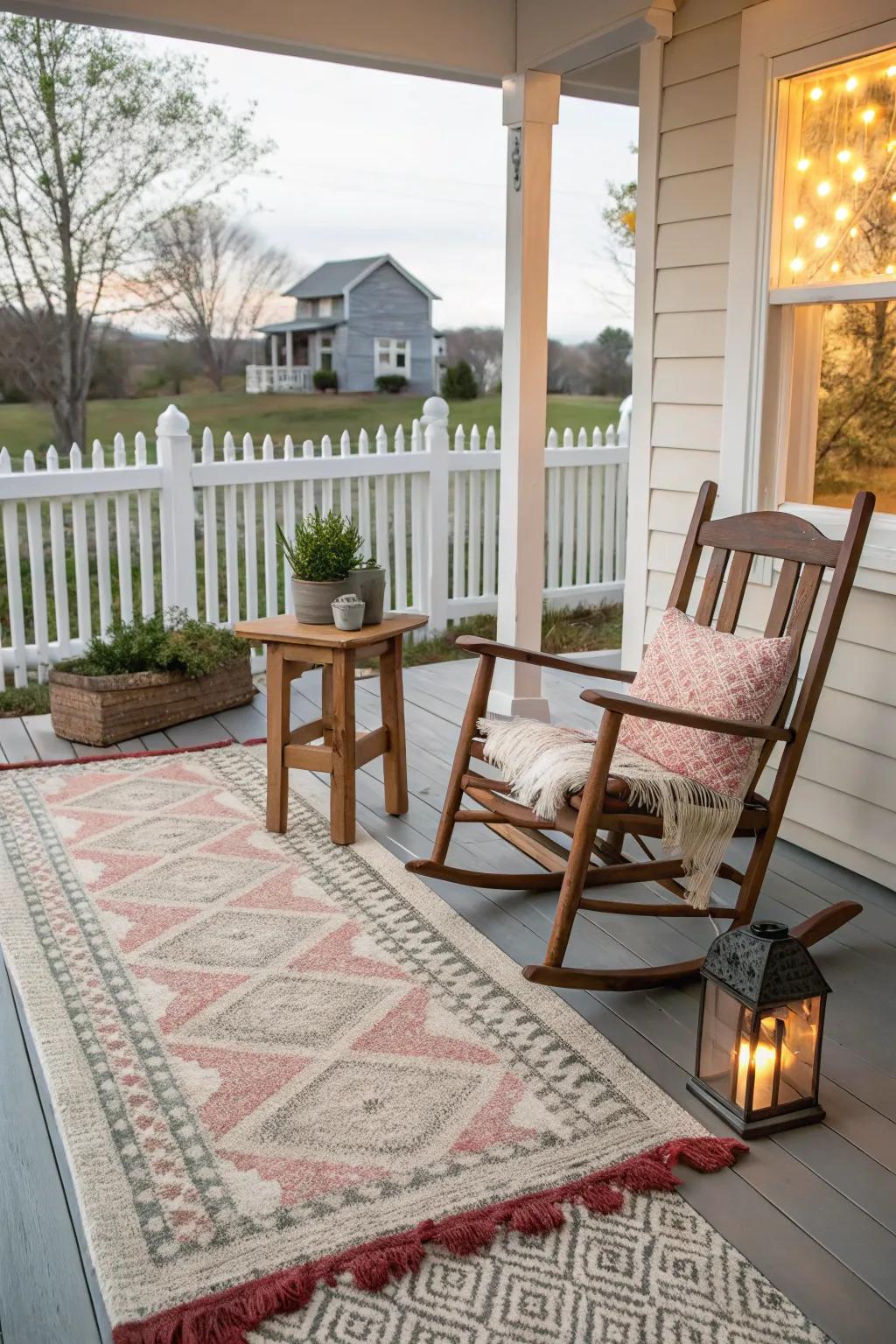 Layered rugs add depth and comfort to porch decor.