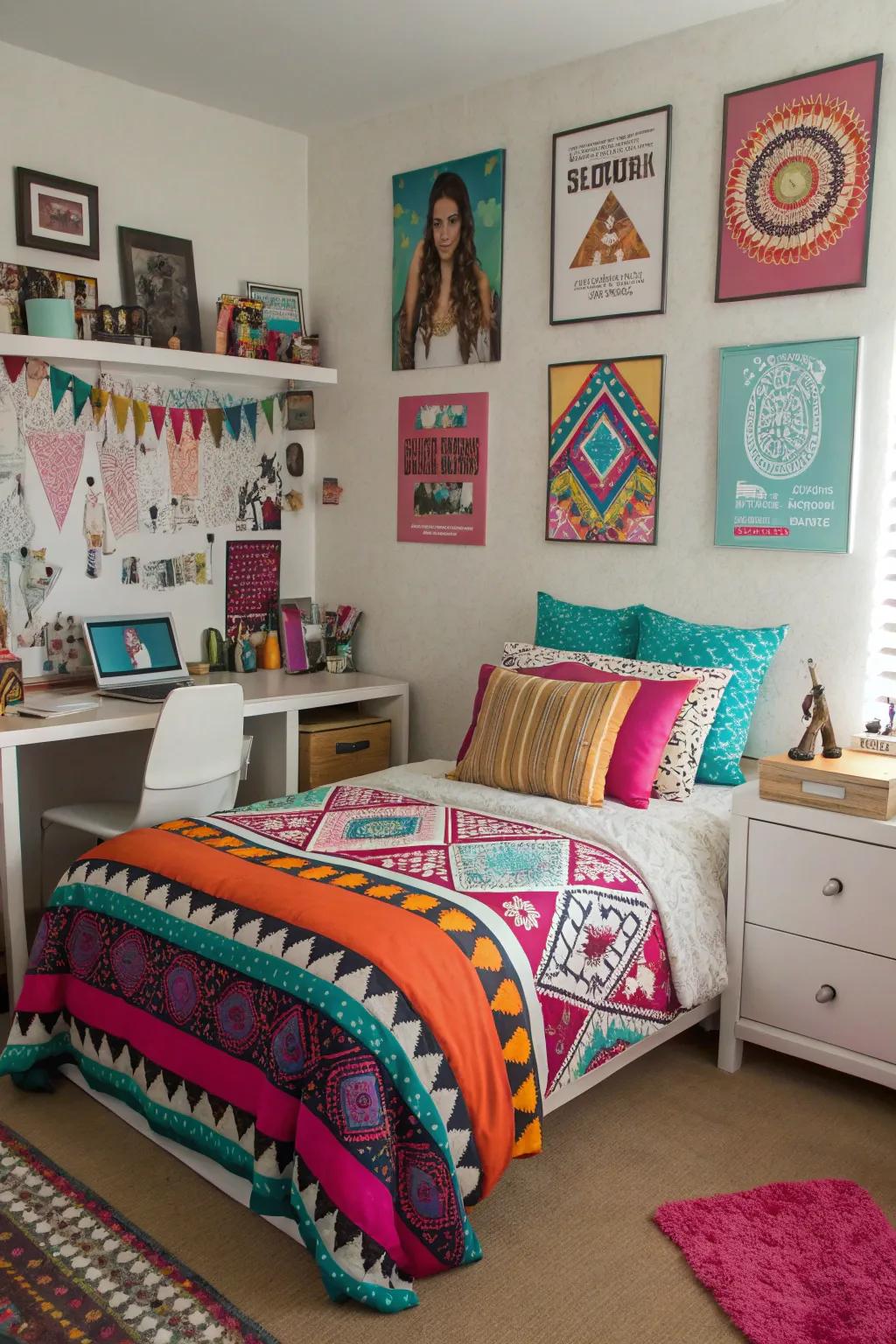 A dynamic teen room with mixed patterns.