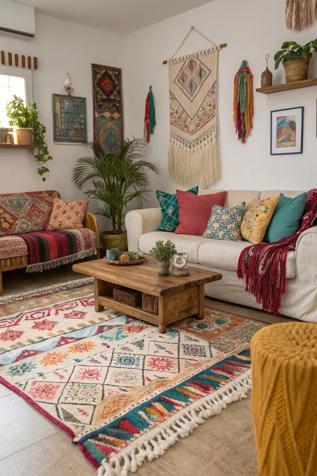 Add bohemian charm with tasseled rugs.