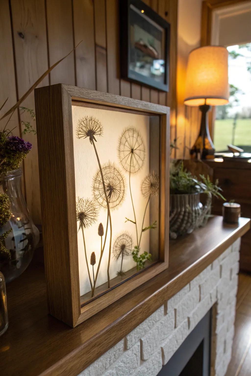 Shadow boxes delicately capture the beauty of dandelions.