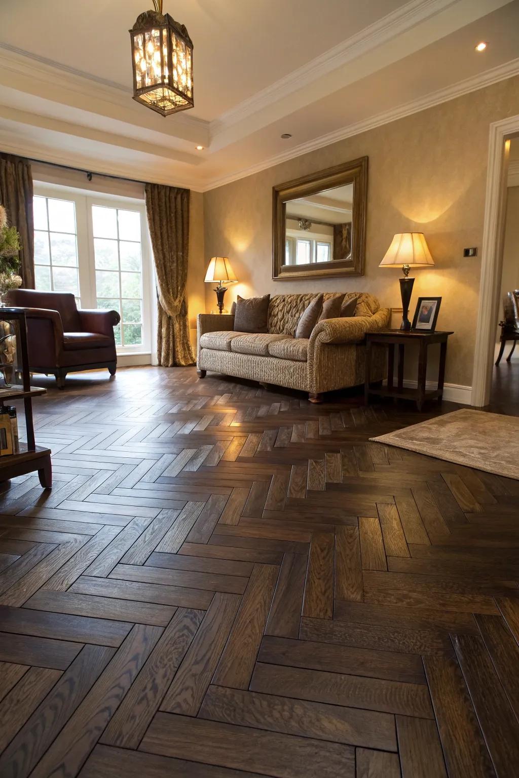 Herringbone patterns add sophistication to dark wood floors.