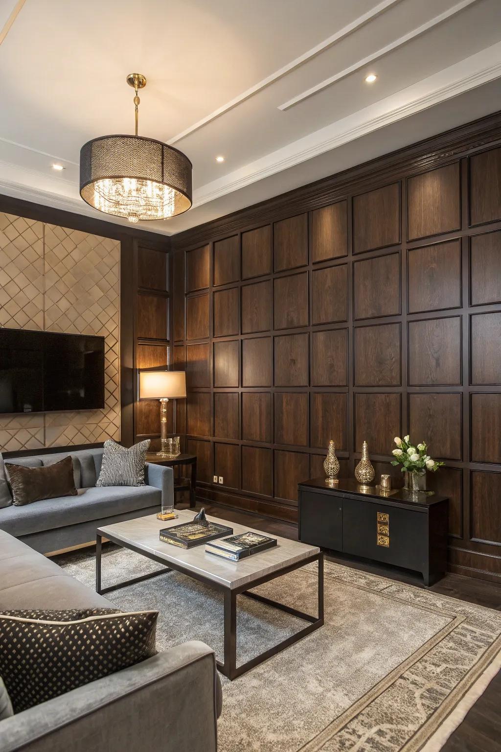 Square panels bring a modern flair to dark wood interiors.