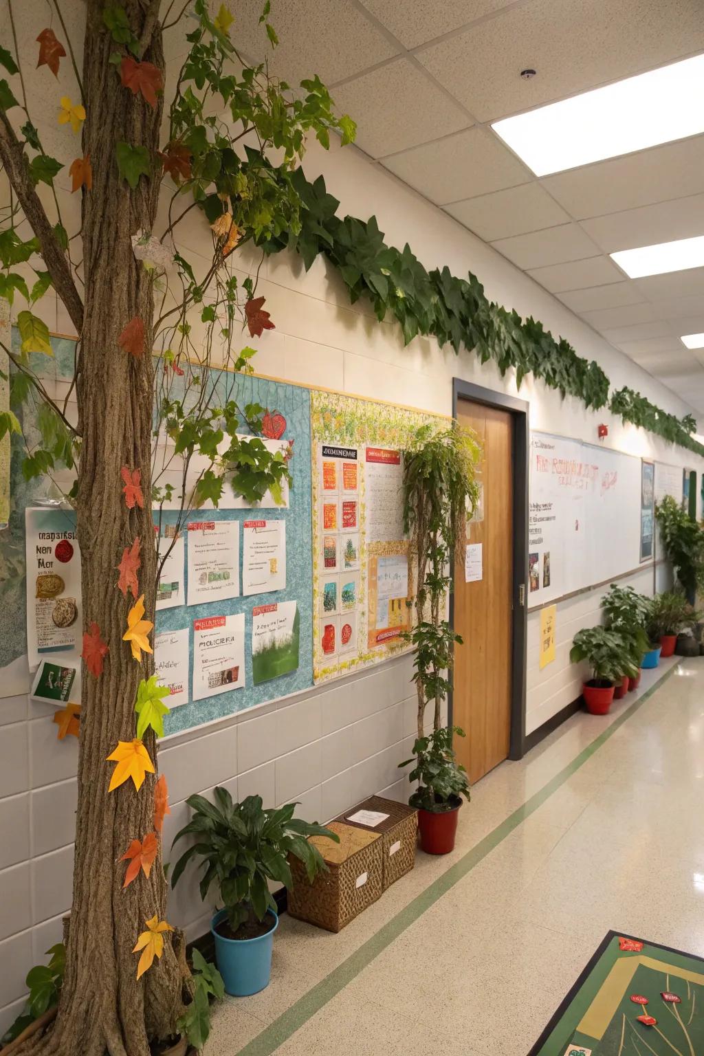 A nature-themed data wall with trees and leaves.