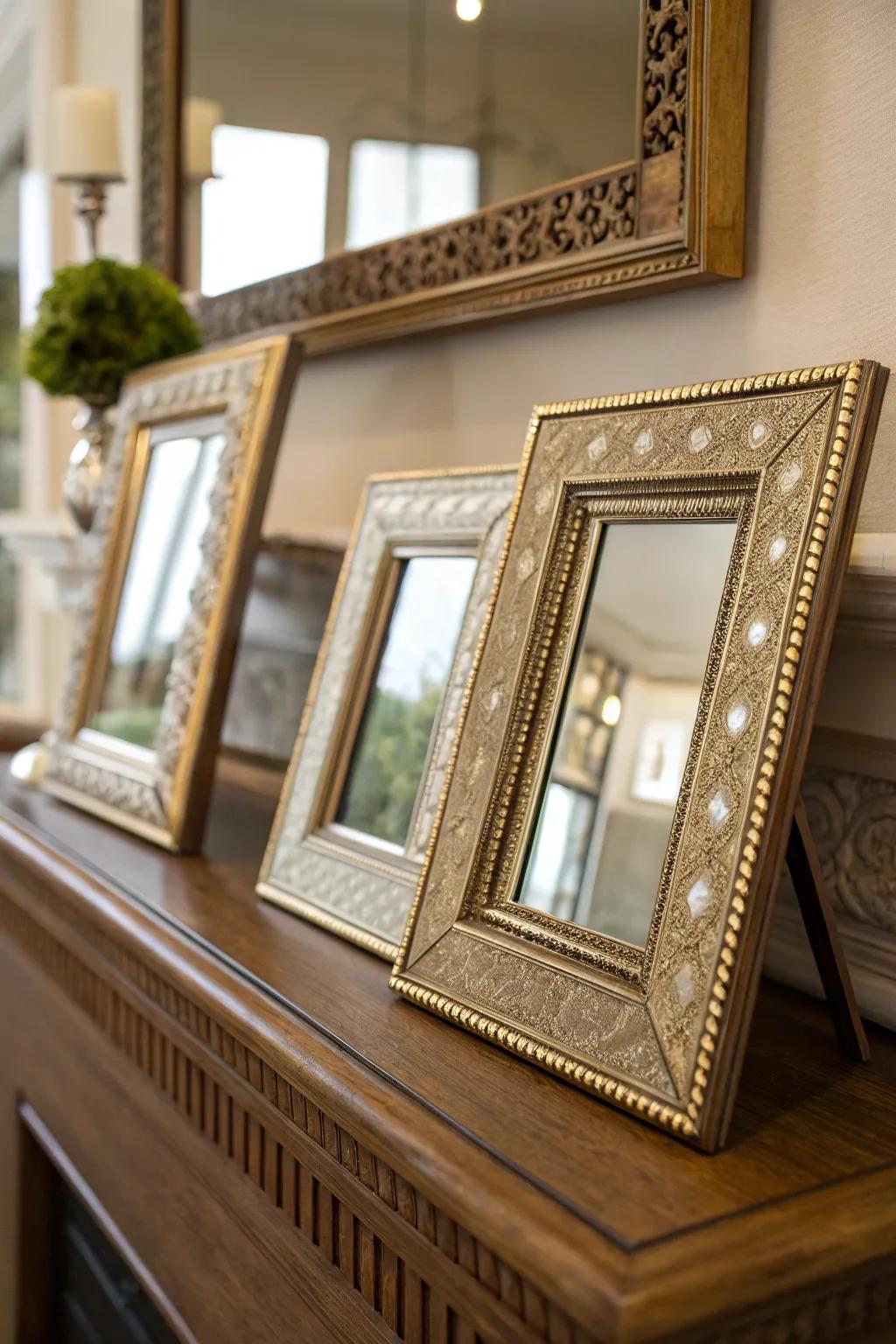 Mirrored inserts in frames enhance light and space.