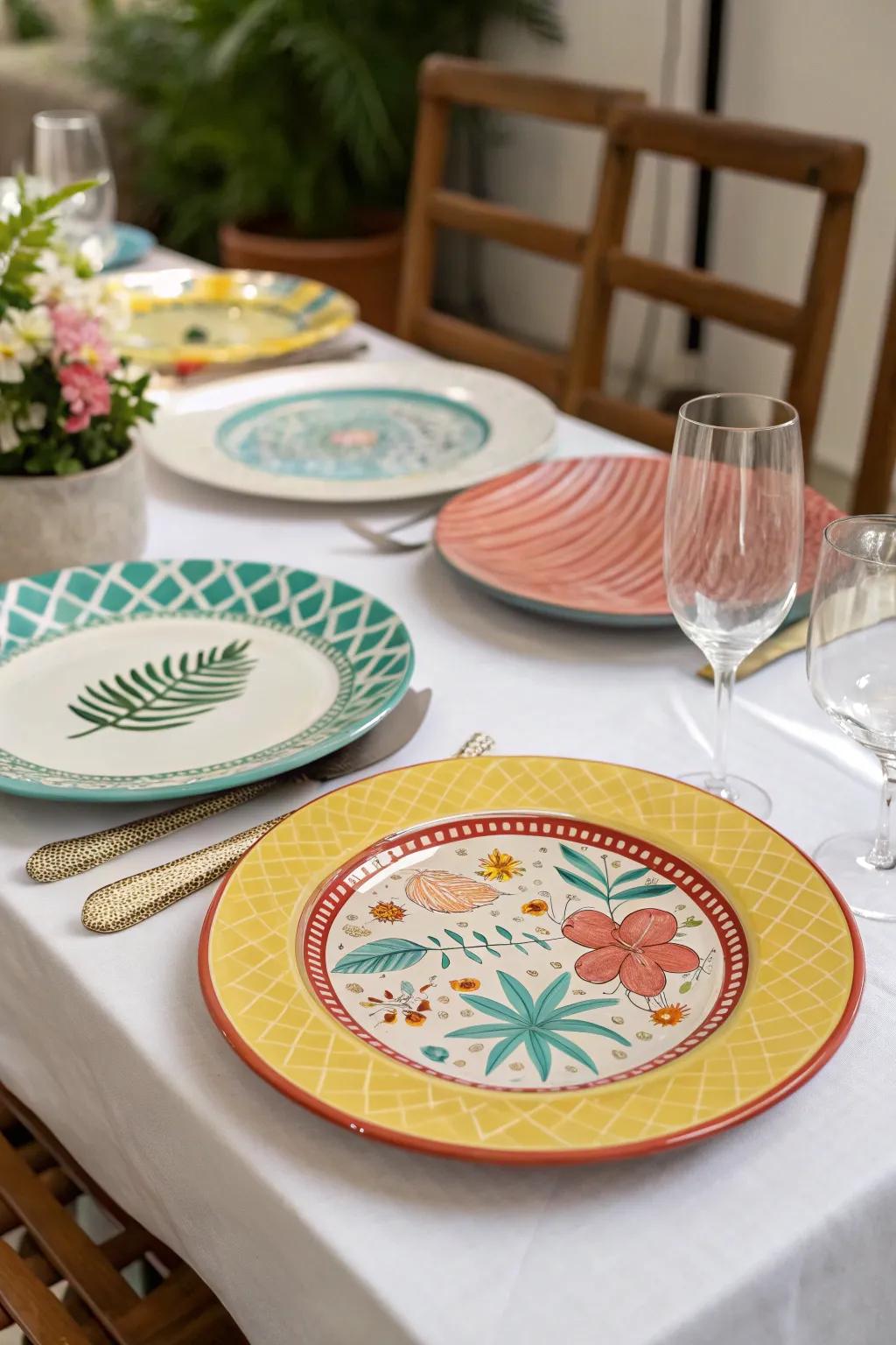 Hand-painted charger plates as artistic centerpieces.