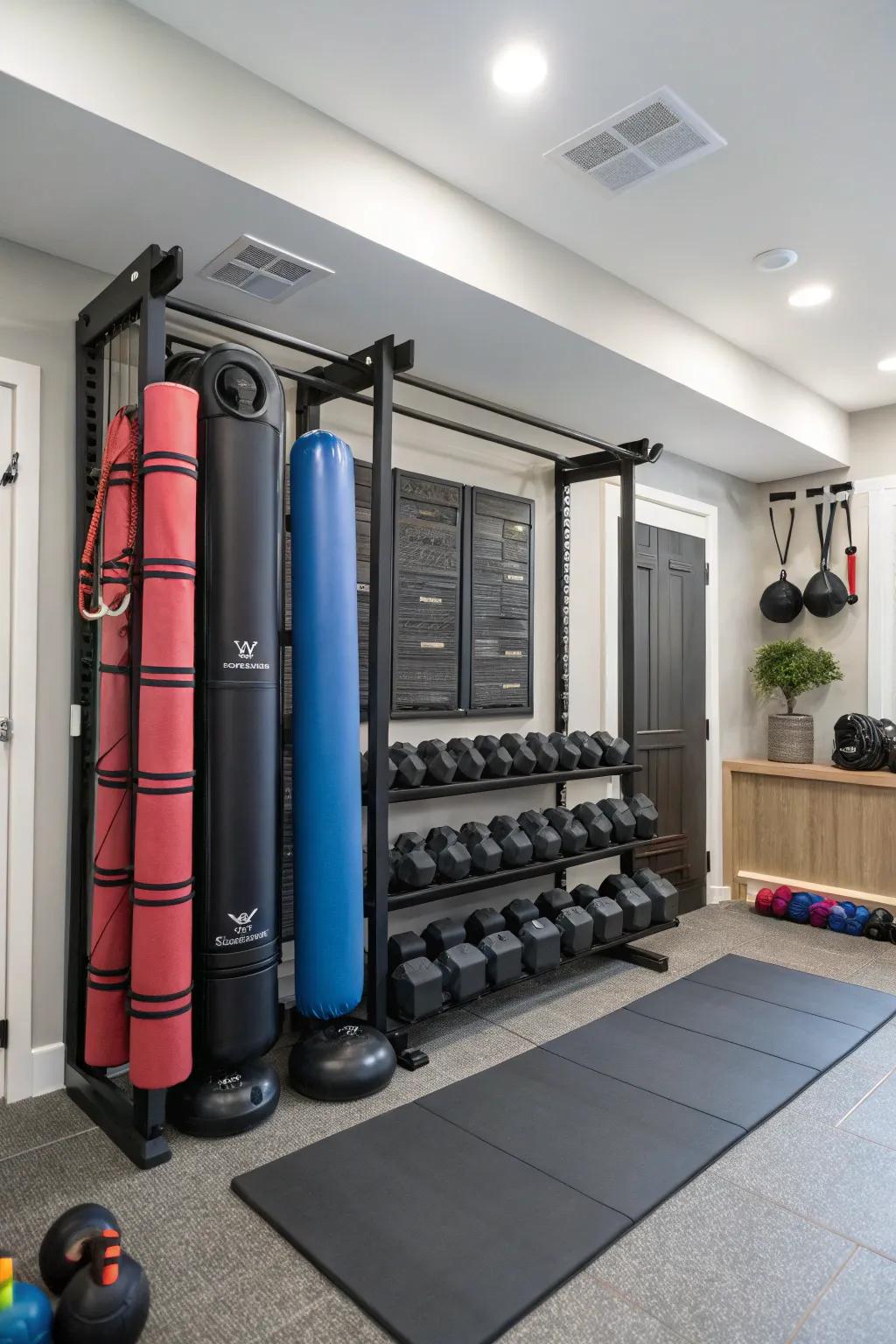 A tidy home gym using vertical storage to keep equipment organized and accessible.