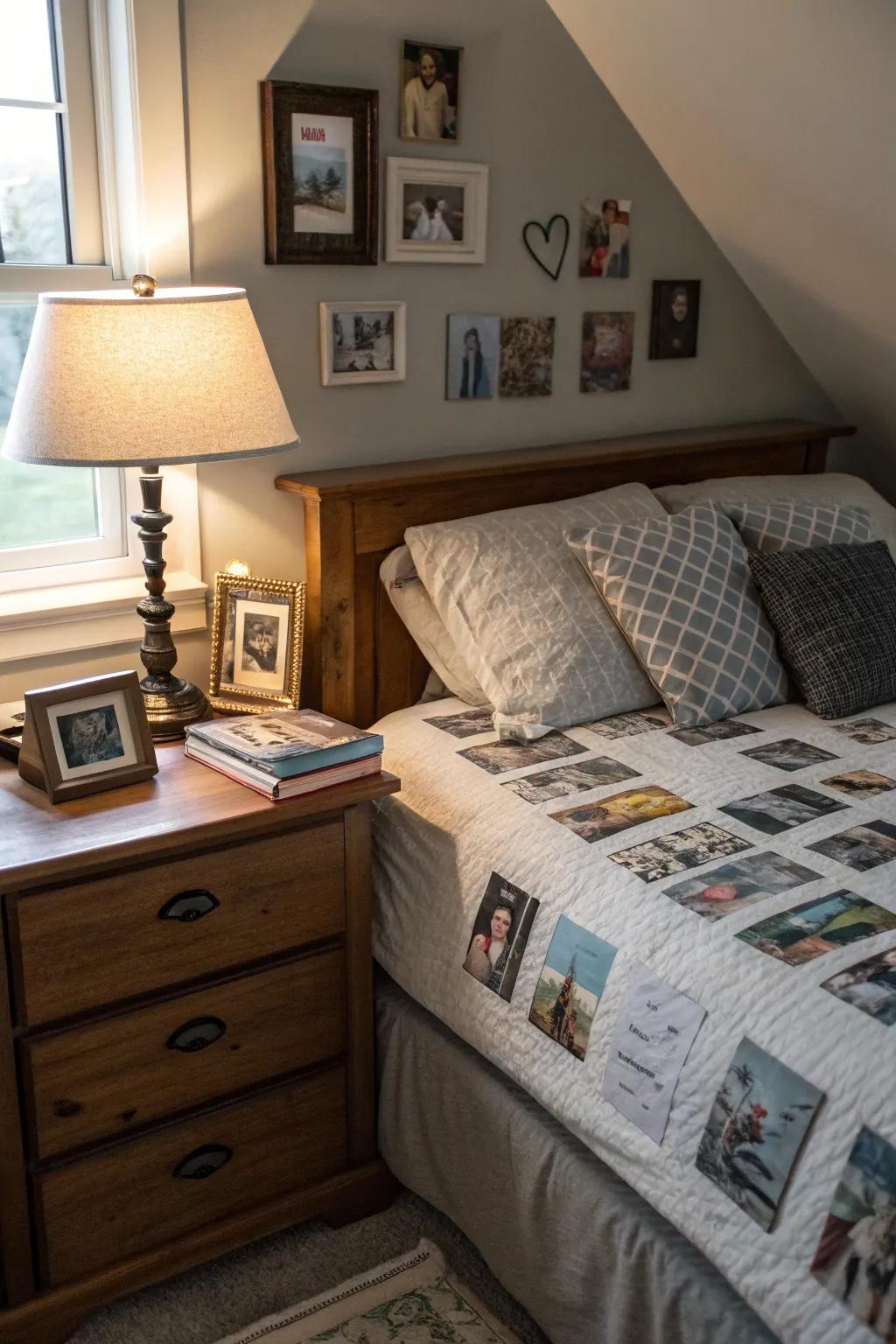 Personal decor elements make the diagonal bed area feel like home.