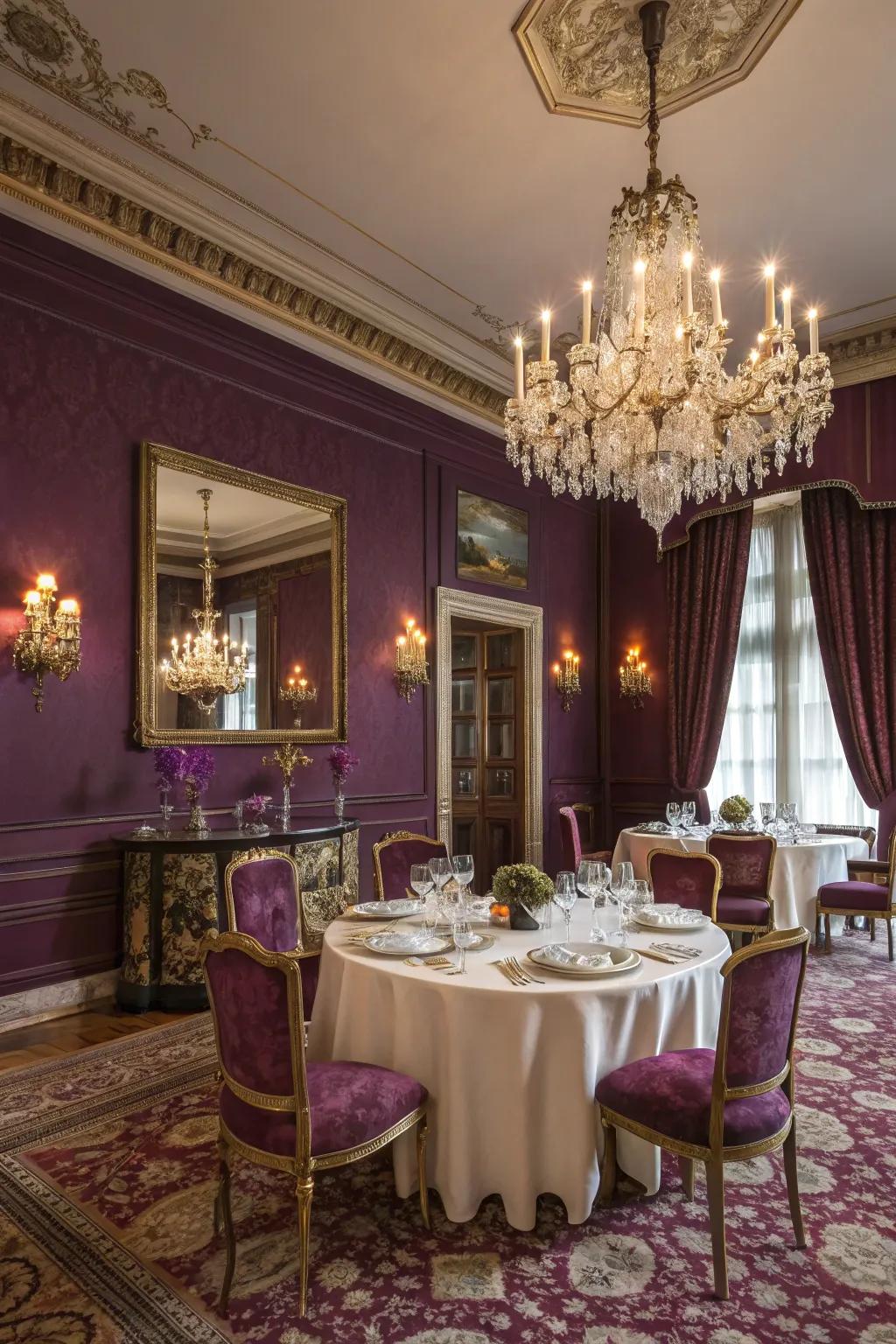 A regal dining room enveloped in the luxury of deep purple.