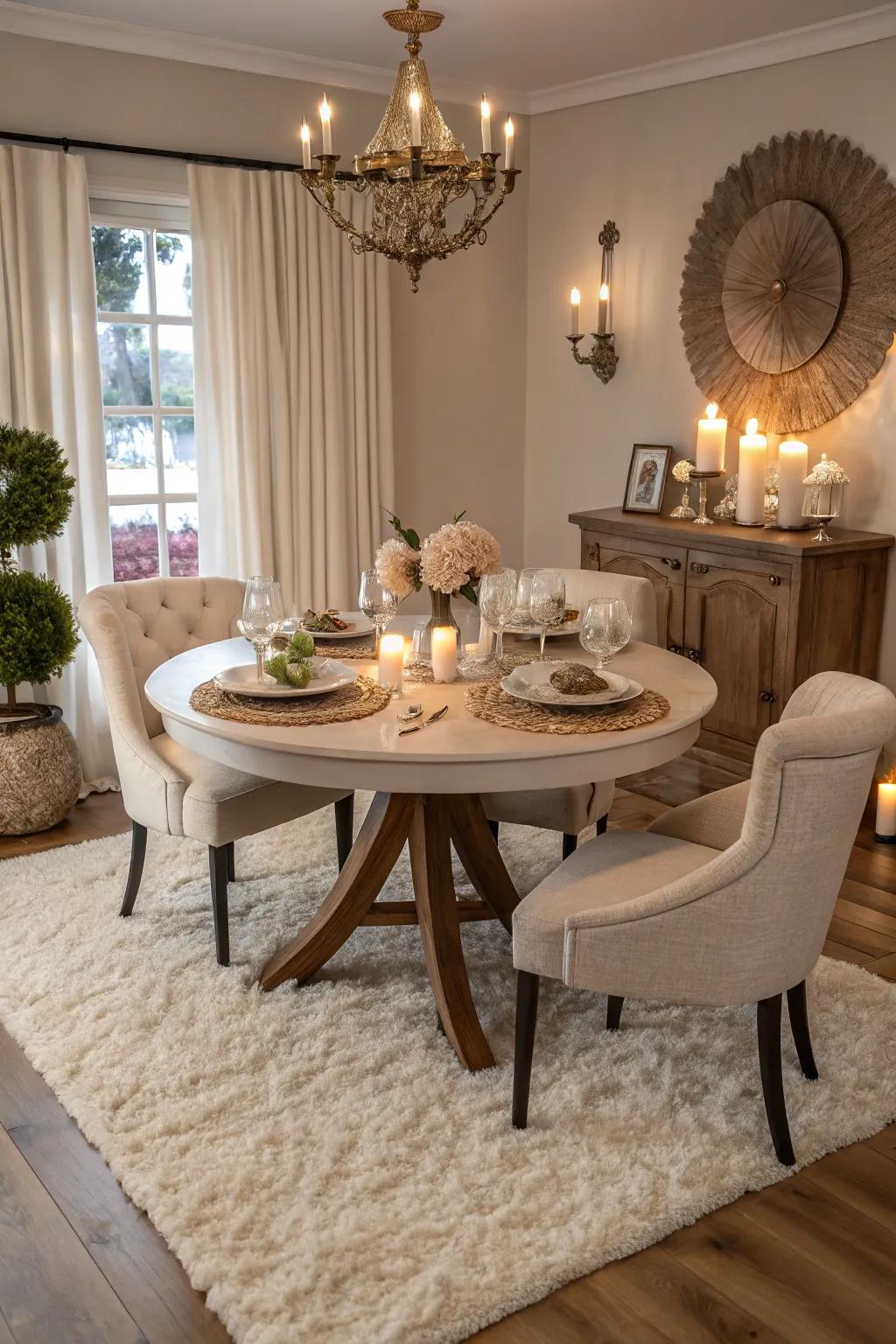 Plush rugs creating a cozy atmosphere in the dining room.