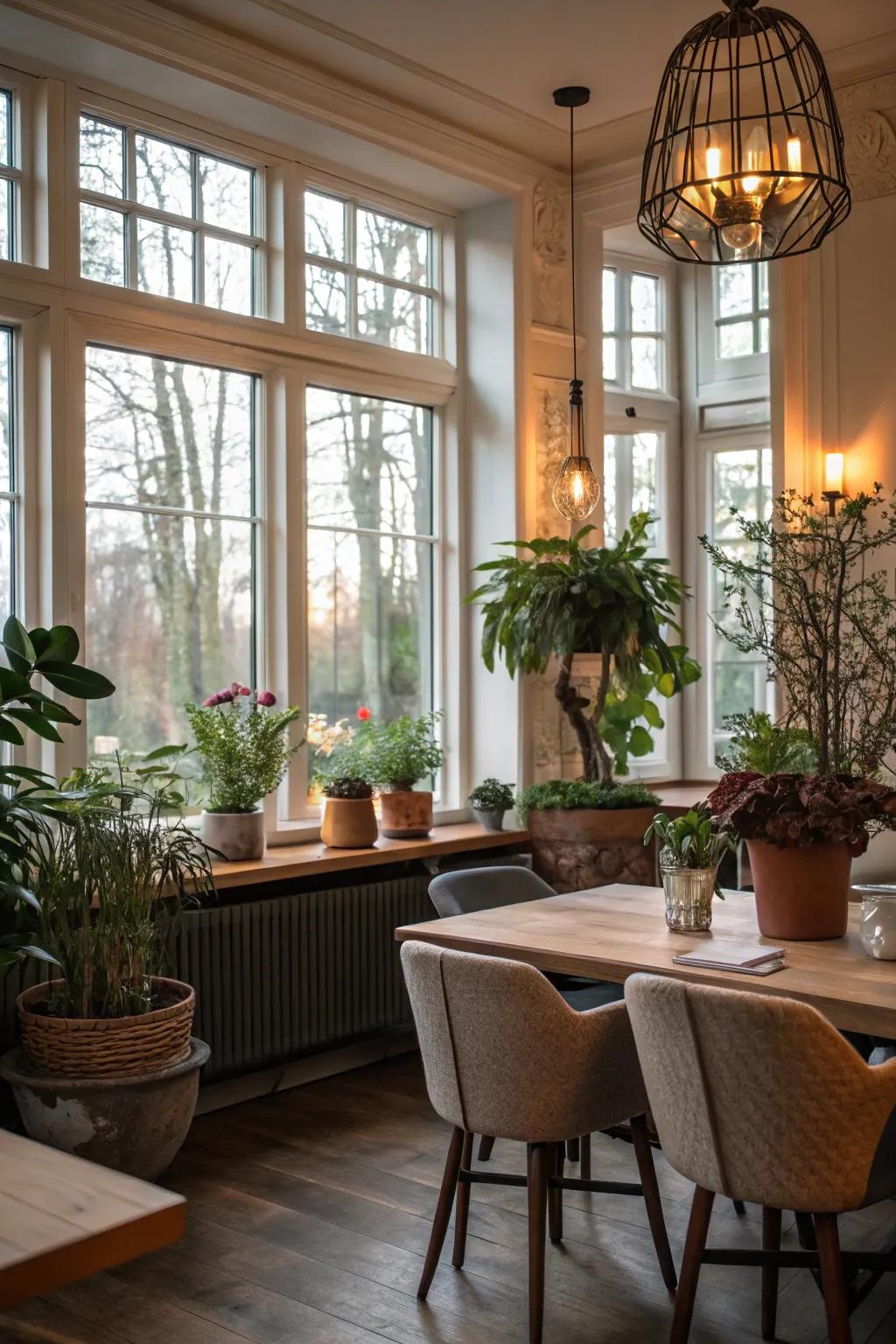 Decorative elements near windows bring warmth and life to your dining room.