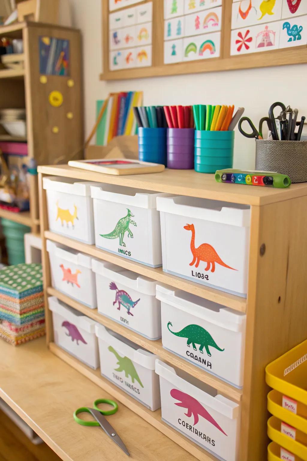 Dinosaur decals on drawers adding a playful touch to organization.