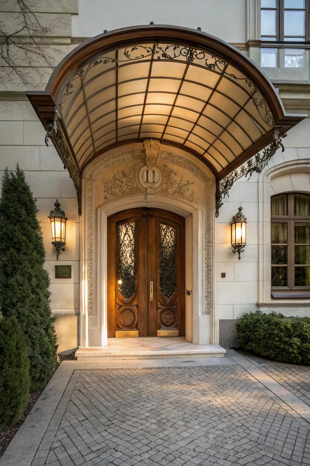 An arched awning that adds a graceful touch to the entrance.