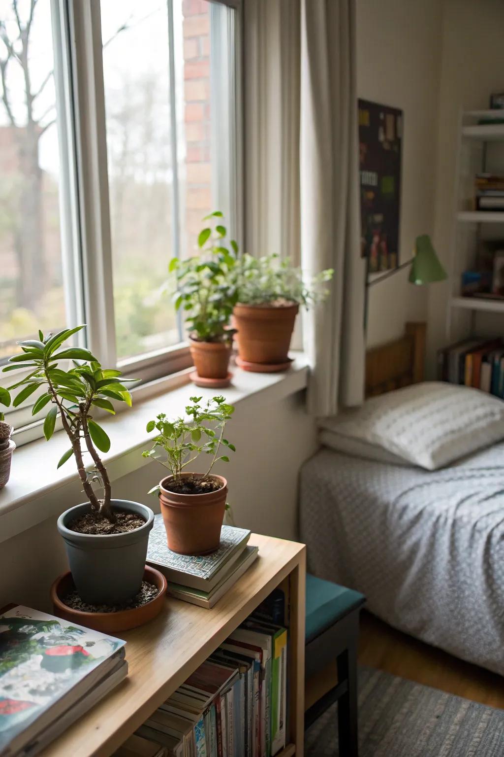 Plants add life and freshness to your dorm room.