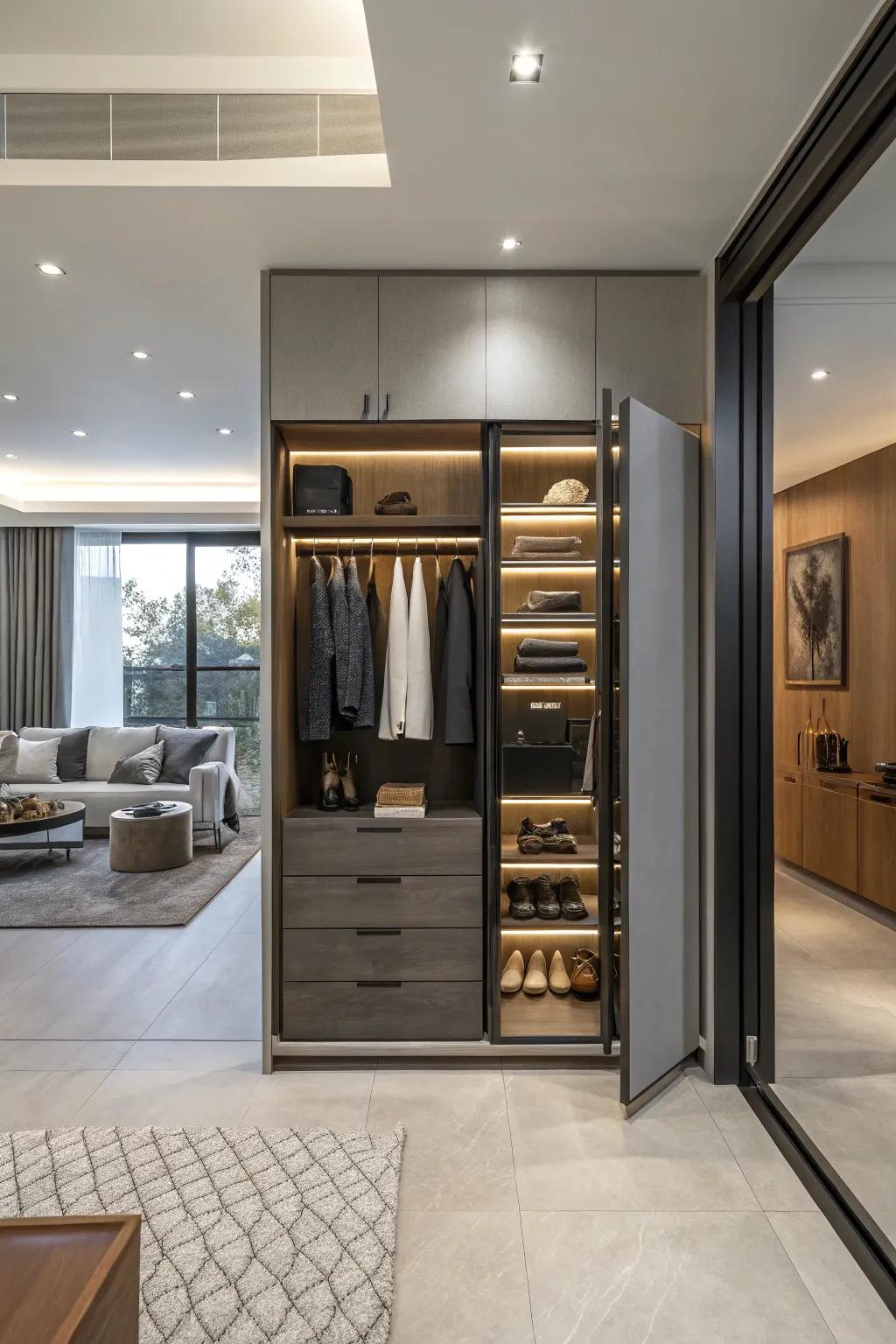 Hidden compartments in a double closet offer both security and surprise.