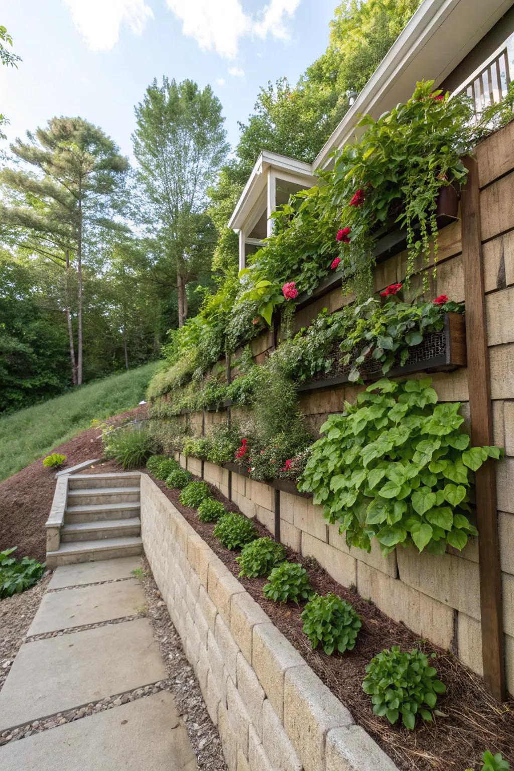 Vertical gardening adds lush life to the vertical surfaces of a sloped yard.