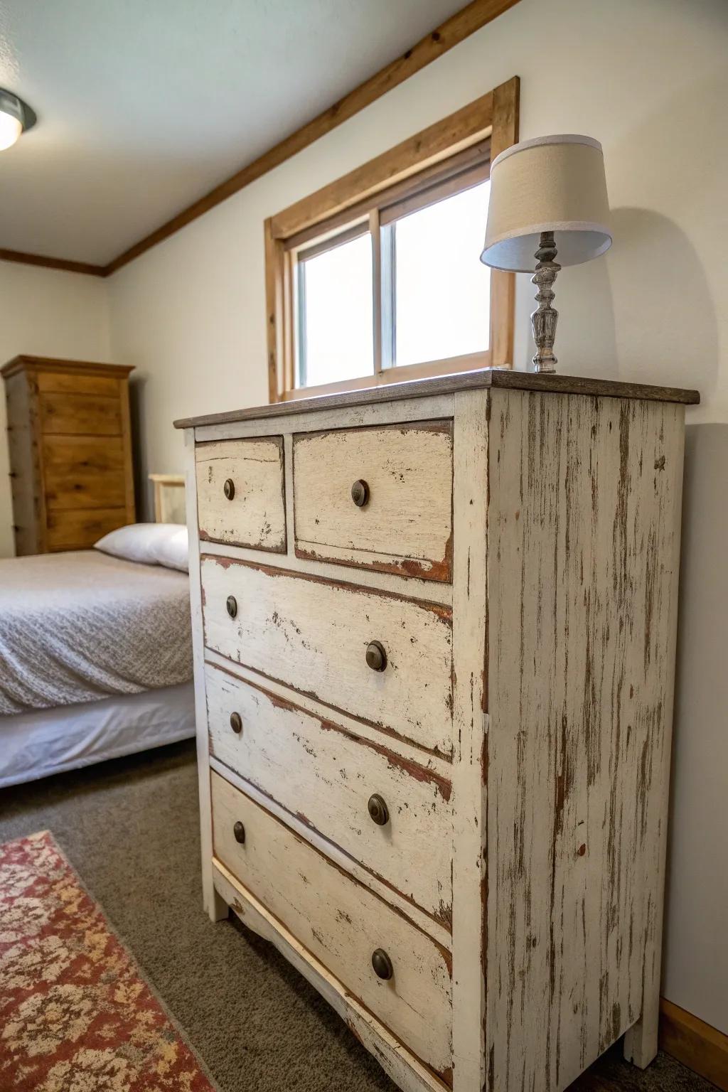 A distressed dresser adding vintage charm to a modern small bedroom.