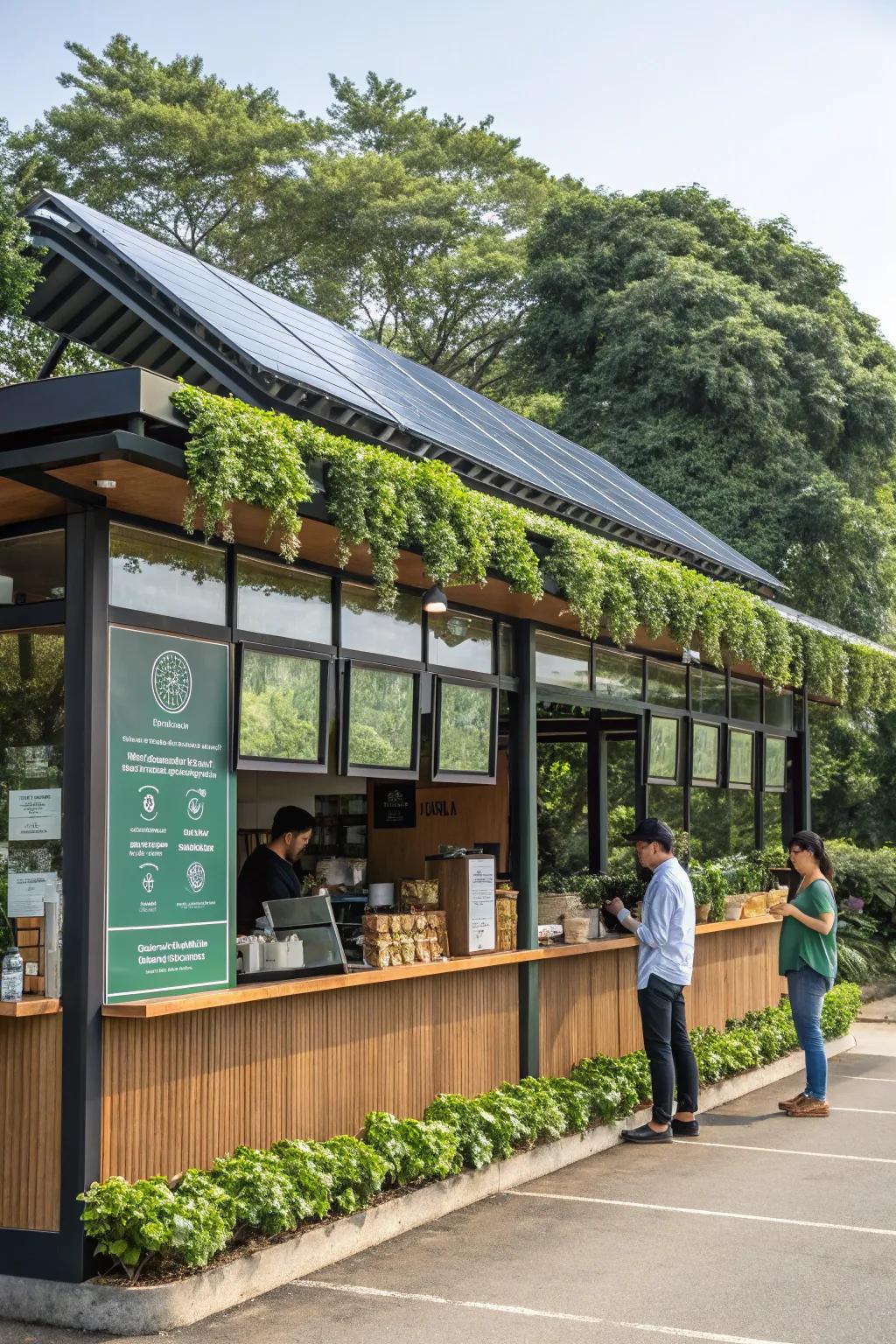 Sustainable drive-thru coffee shop with eco-friendly design elements.