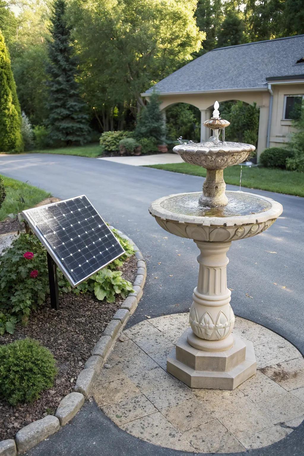 A solar-powered fountain offers eco-friendly elegance.