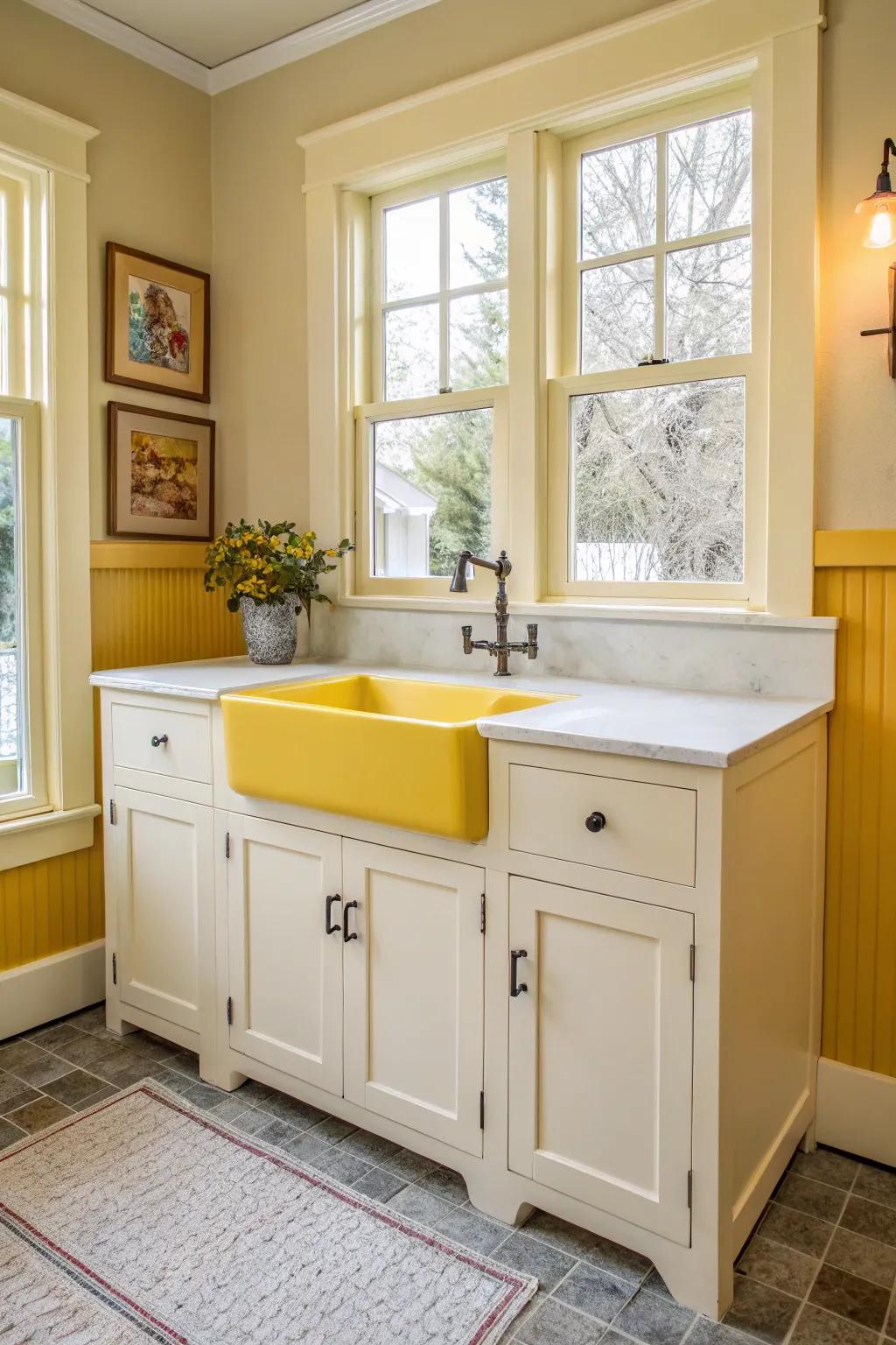 A pop of color inside adds a fun surprise to this dry sink.