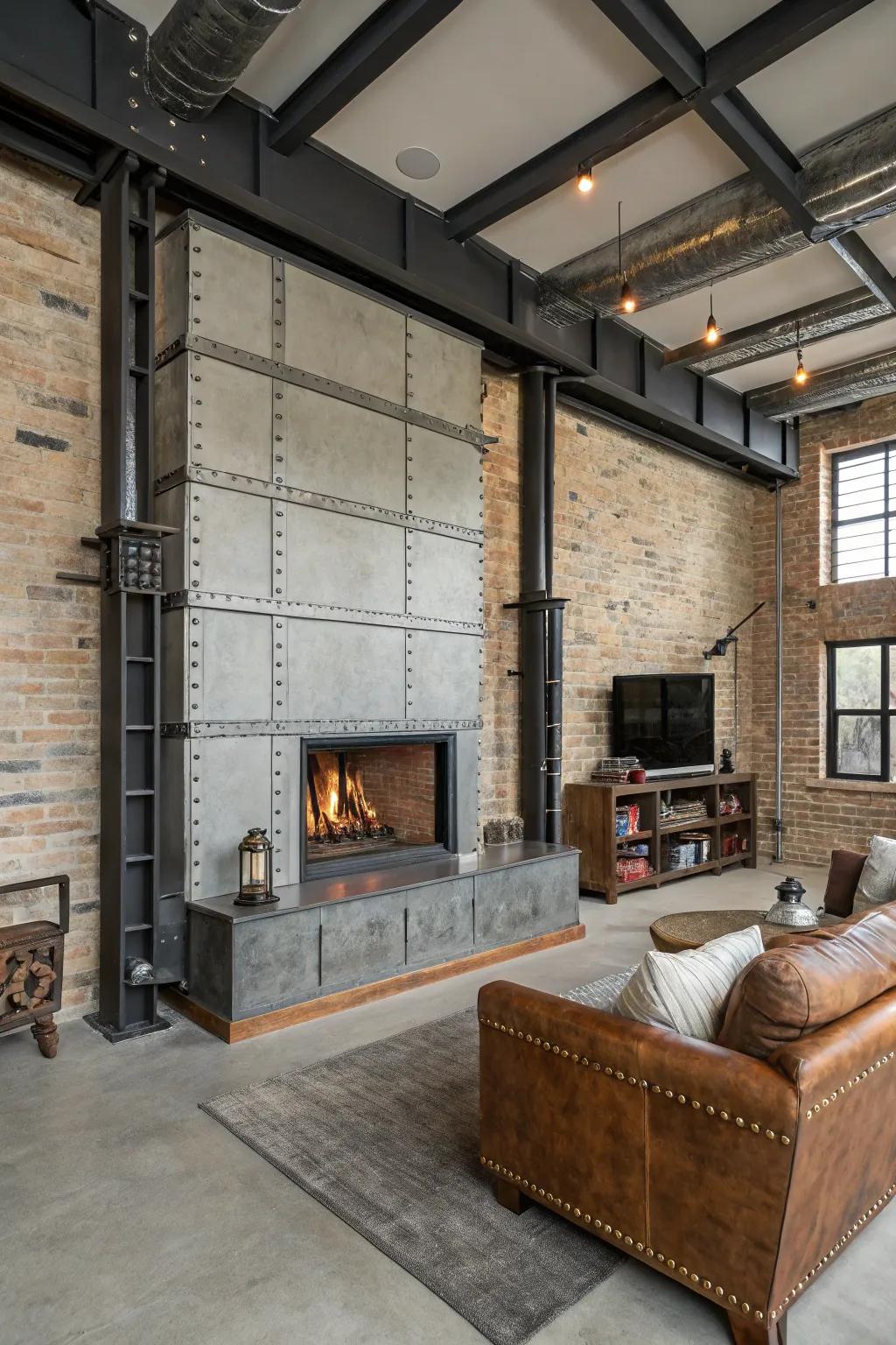 Metal accents give a drywall fireplace an industrial edge.