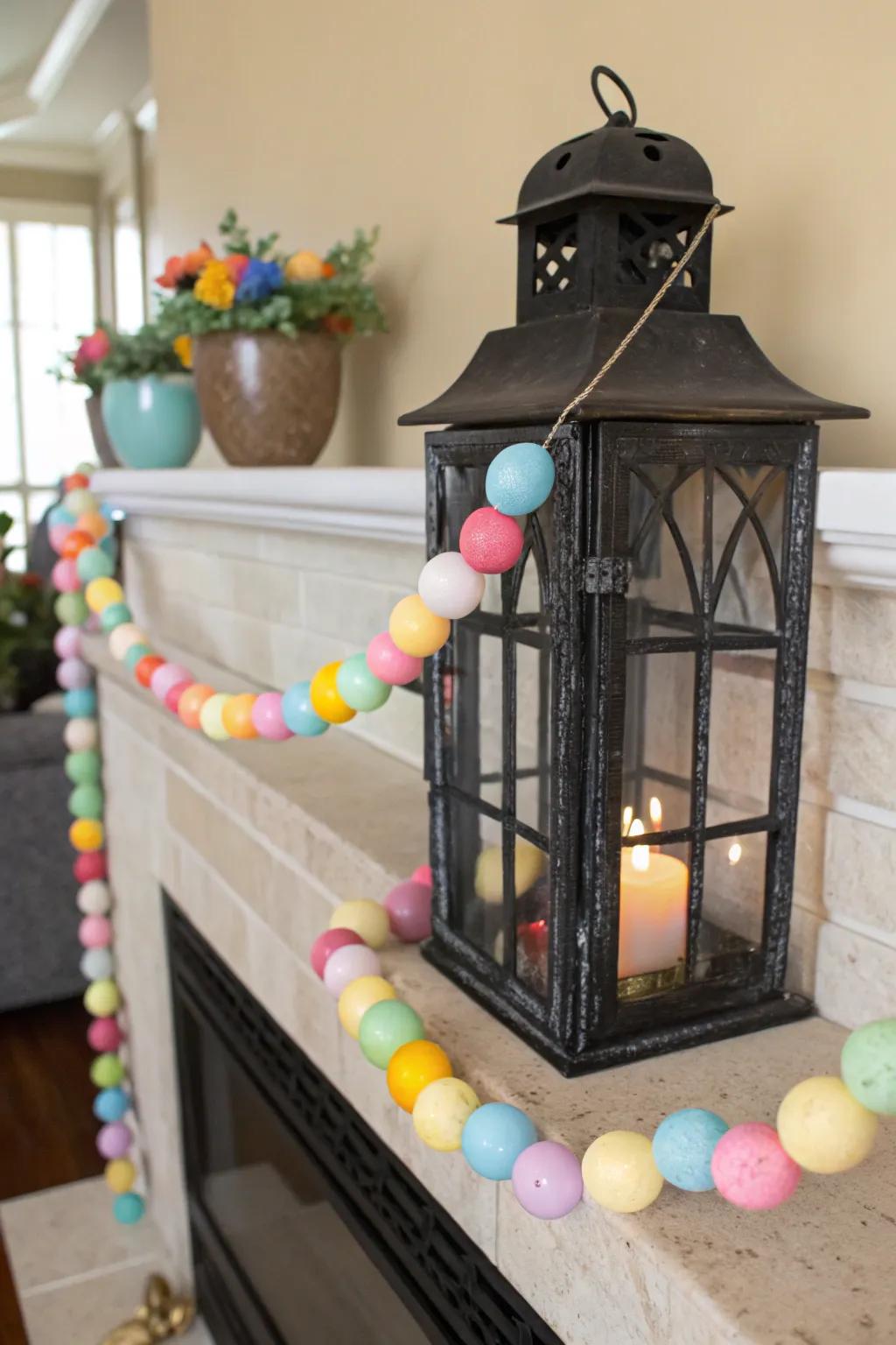 An Easter egg garland adds festive flair to lanterns.