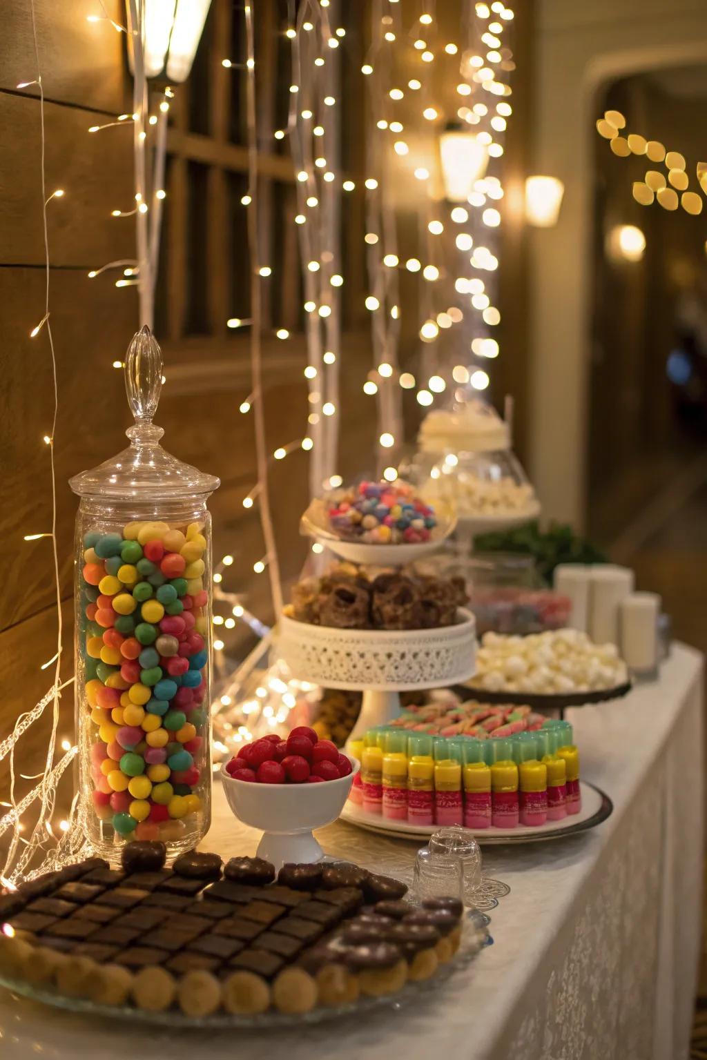 Fairy lights casting a magical glow over the buffet.