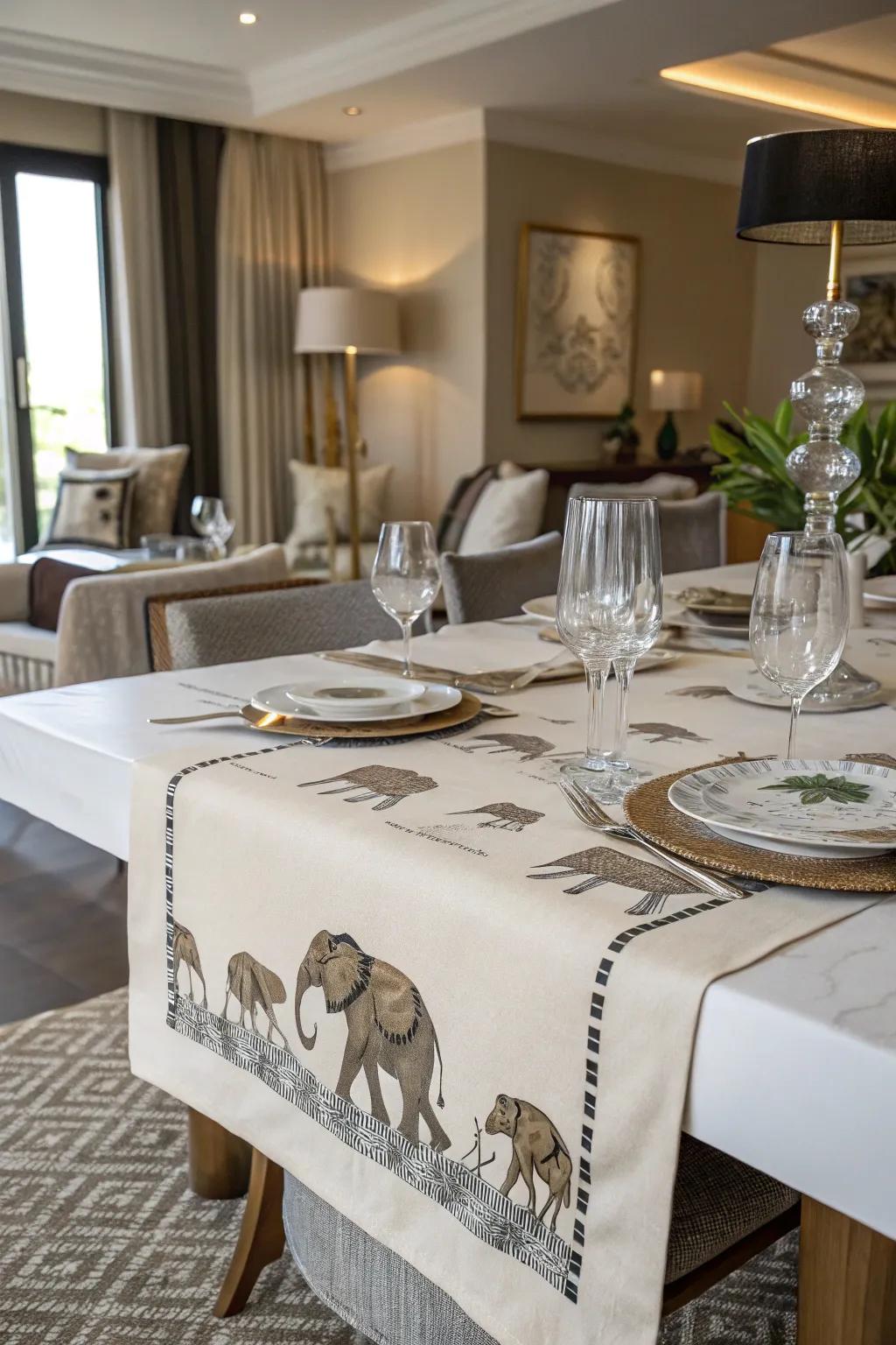 Elephant print table runners add an unexpected elegance to dining areas.