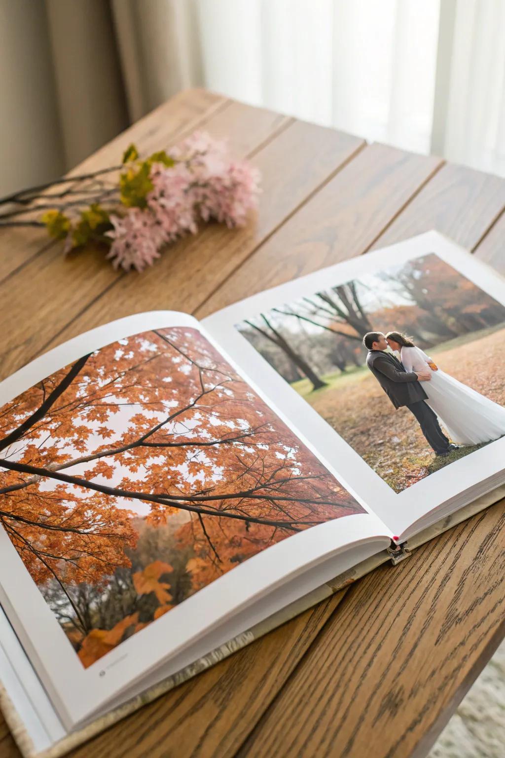 Seasonal themes bring variety to an engagement photo book.