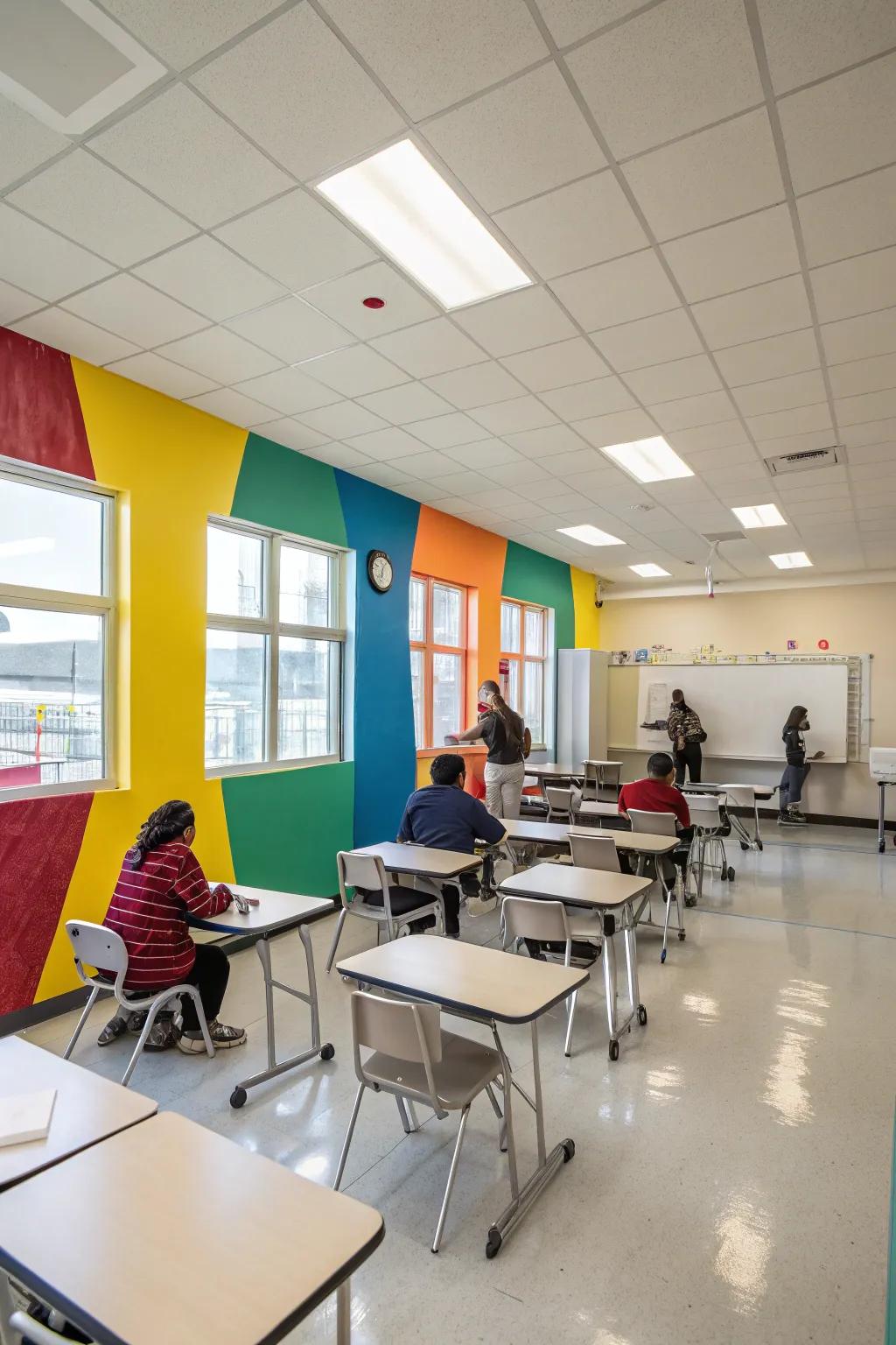 Dynamic classroom transformation with a bold accent wall