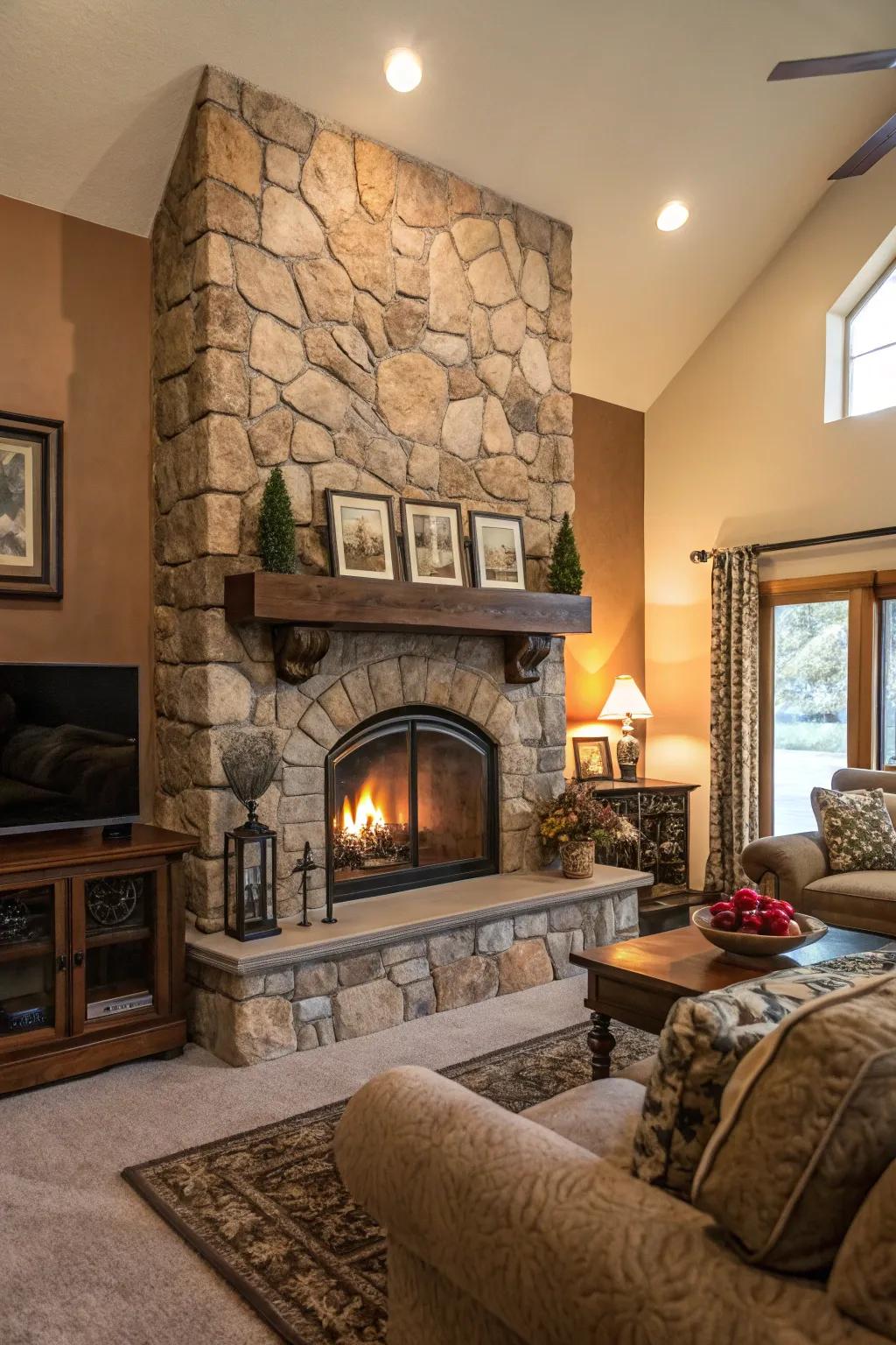 A stone fireplace serves as a cozy focal point.