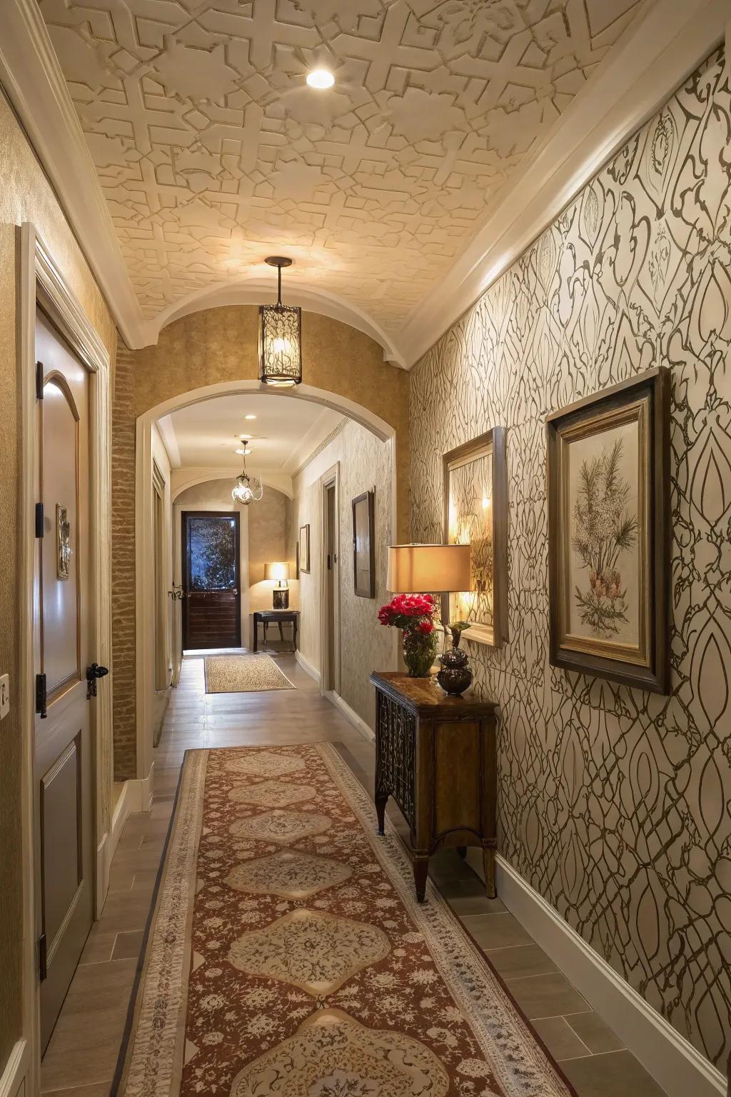 Textured wallcoverings add depth and ambiance to this entry hallway.