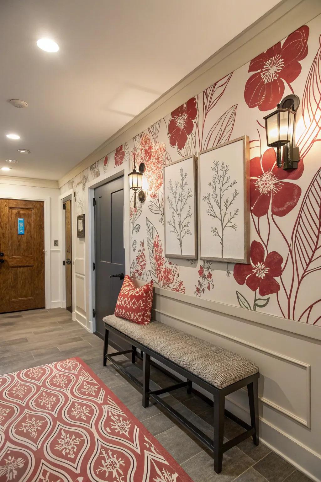 An artistic wallpaper backdrop adds depth and intrigue to the entryway.