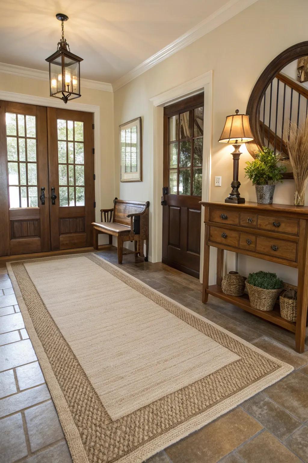 Neutral rugs provide a calming and versatile backdrop in entryways.