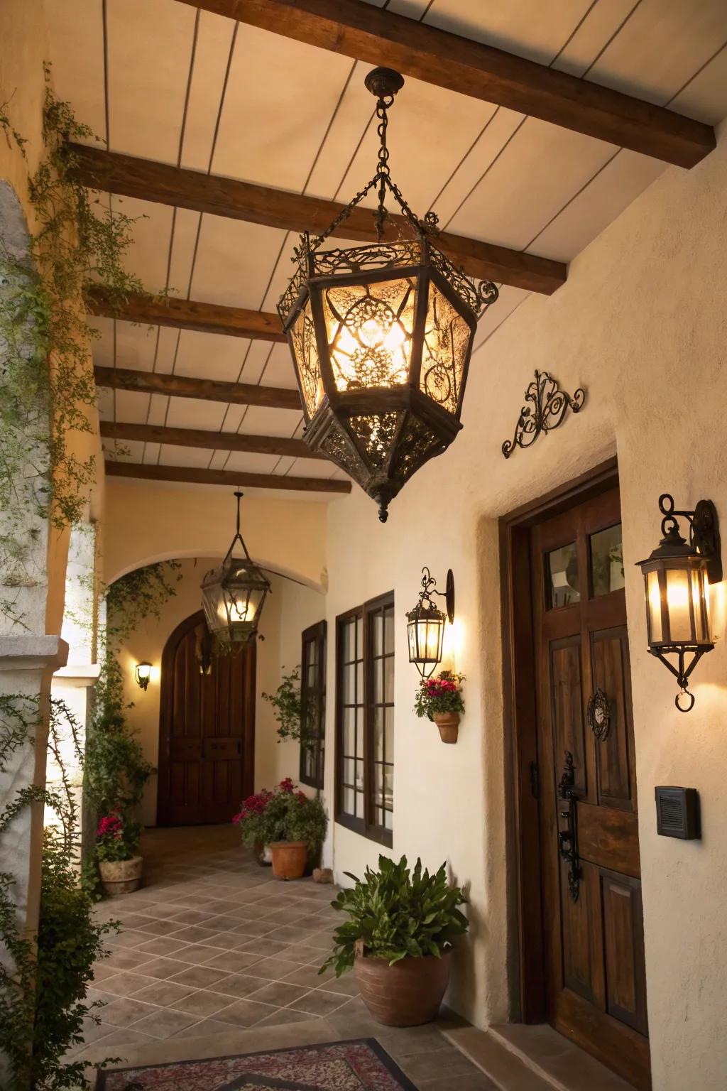 An entryway featuring a rustic lantern-style light, adding unexpected charm.