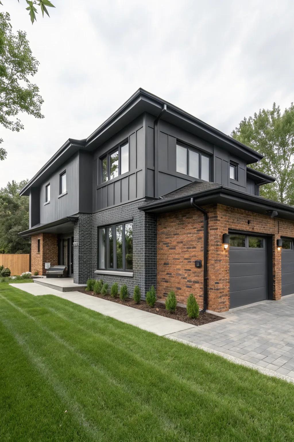 Modern sophistication with charcoal gray and brick.