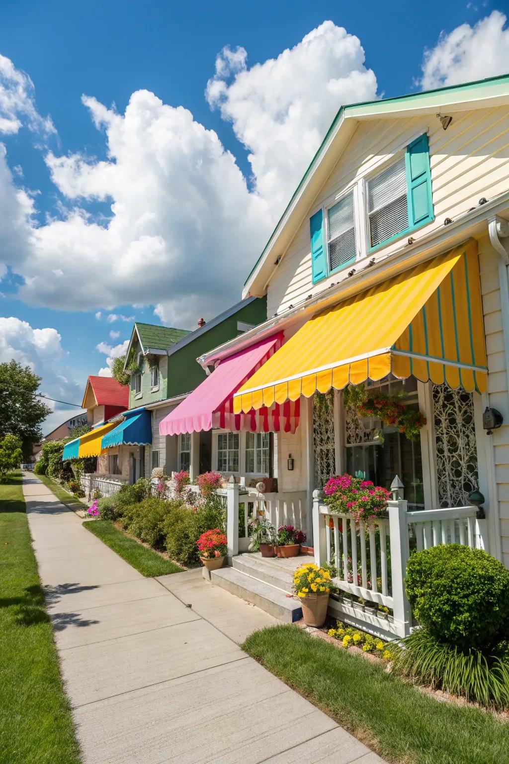 Bright colored awnings bring energy and vibrancy to the exterior.
