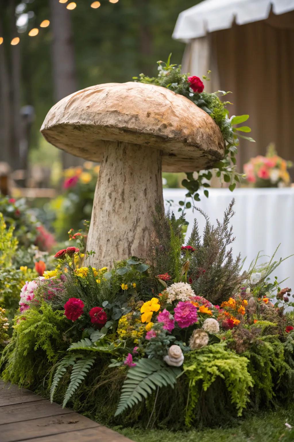 A mushroom centerpiece creates a whimsical focal point.