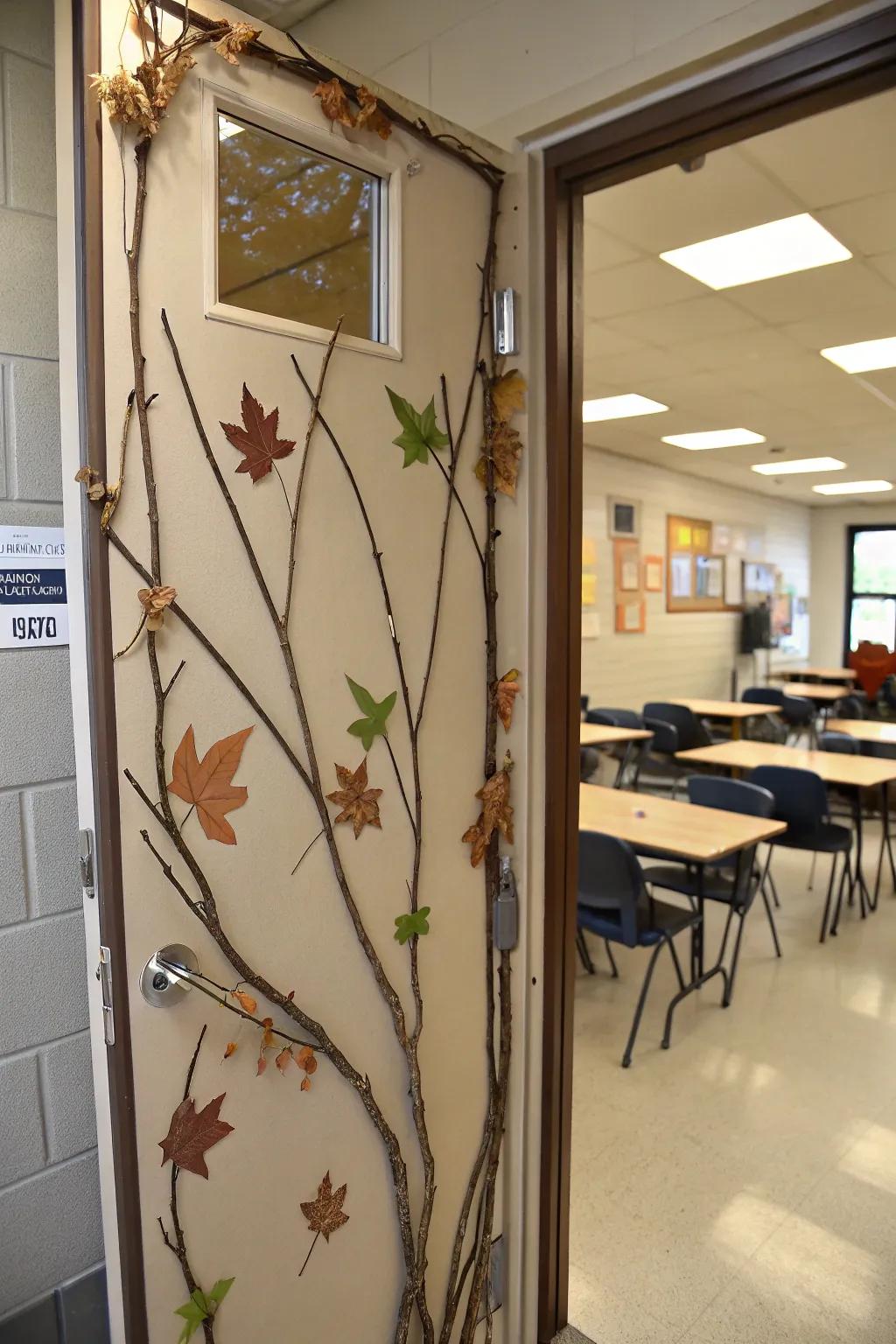 Nature-inspired door decor with twigs and leaves.