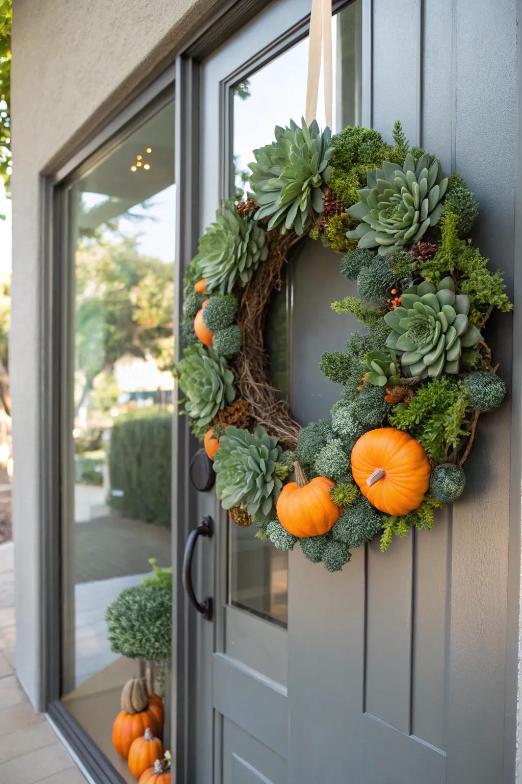 Succulents and pumpkins create a fresh and modern fall wreath.