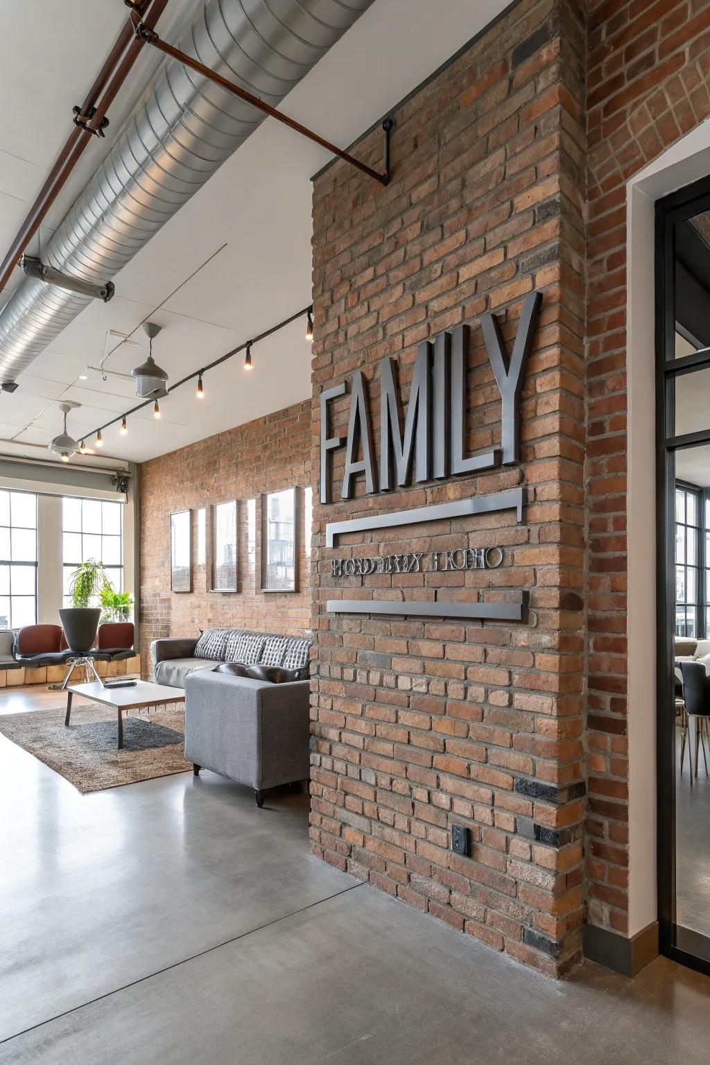 A metallic family name sign adding boldness to a loft-style room.