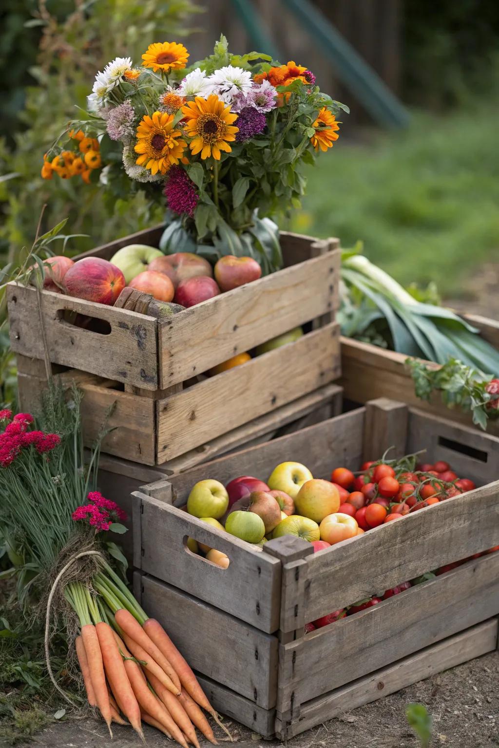 Vintage crates filled with produce create a bountiful centerpiece.