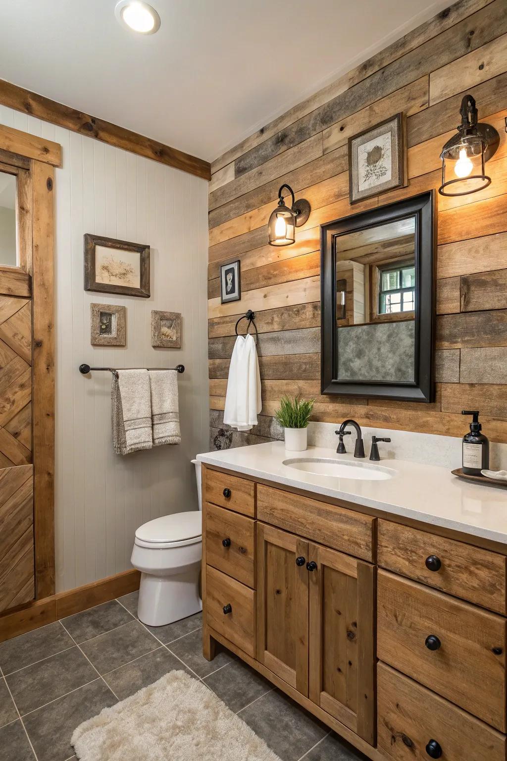 A feature wall adds personality and distinctiveness to a farmhouse bathroom.