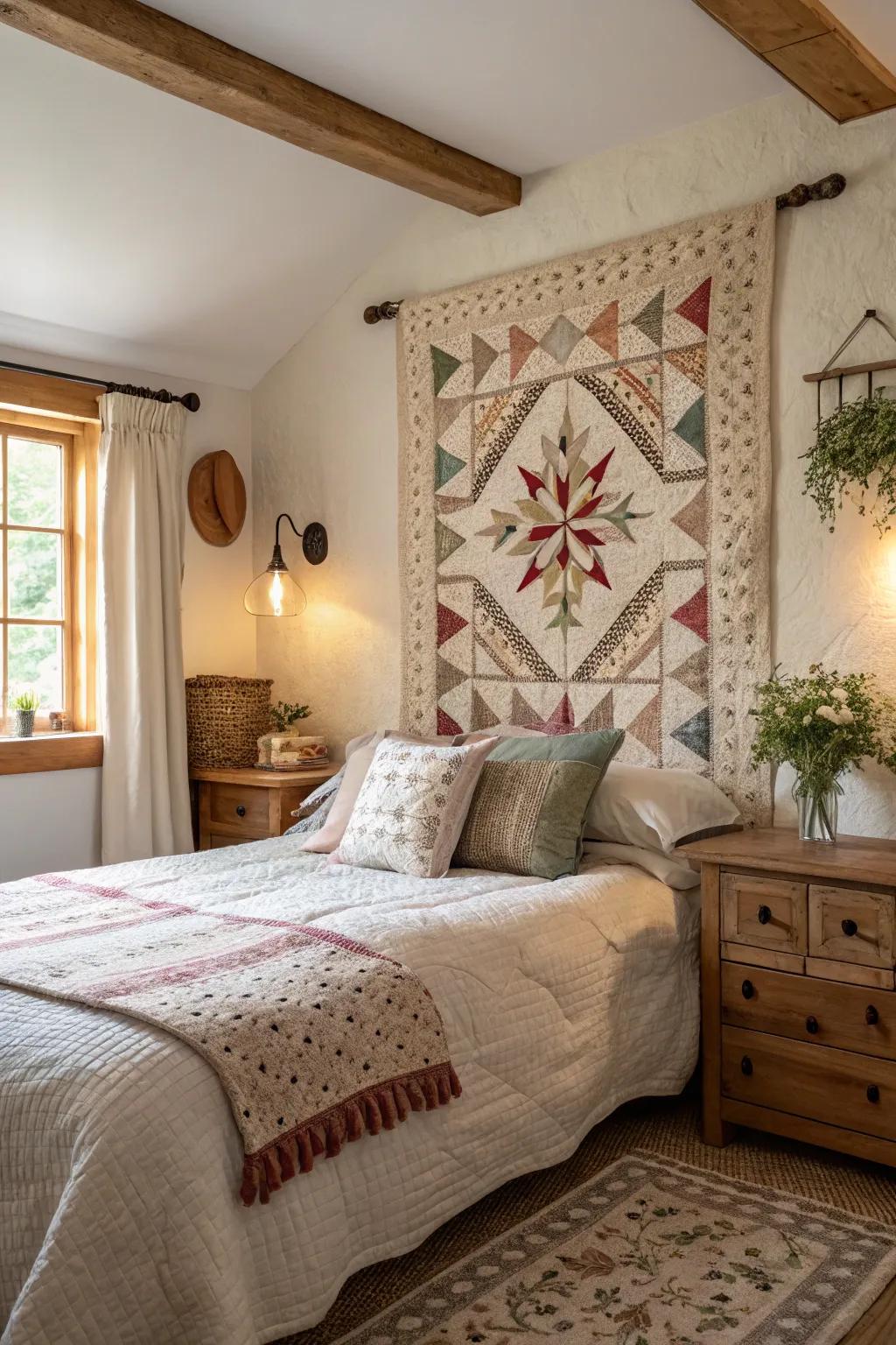 Quilted wall hangings add cozy texture.