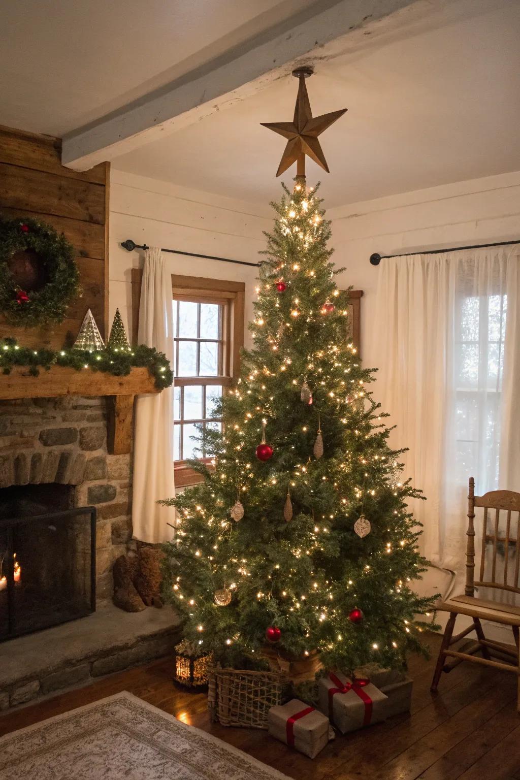 A rustic star topper crowns this charming farmhouse Christmas tree.