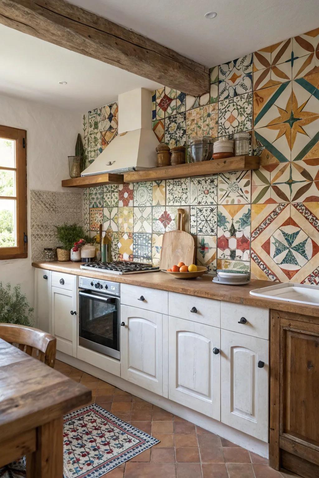 A farmhouse kitchen with geometric patterned tiles creating a modern vibe.