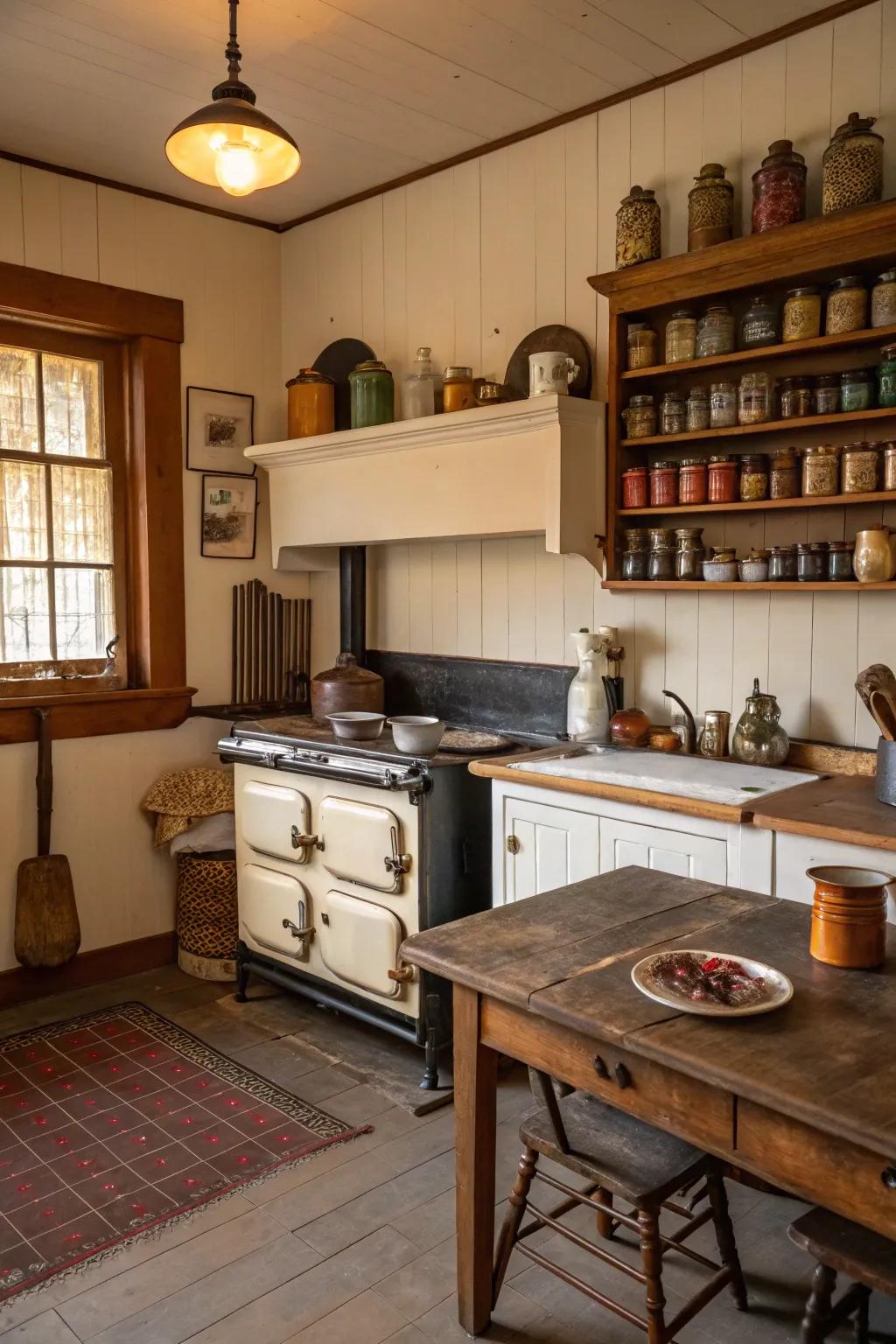 A farmhouse kitchen featuring vintage-style appliances.