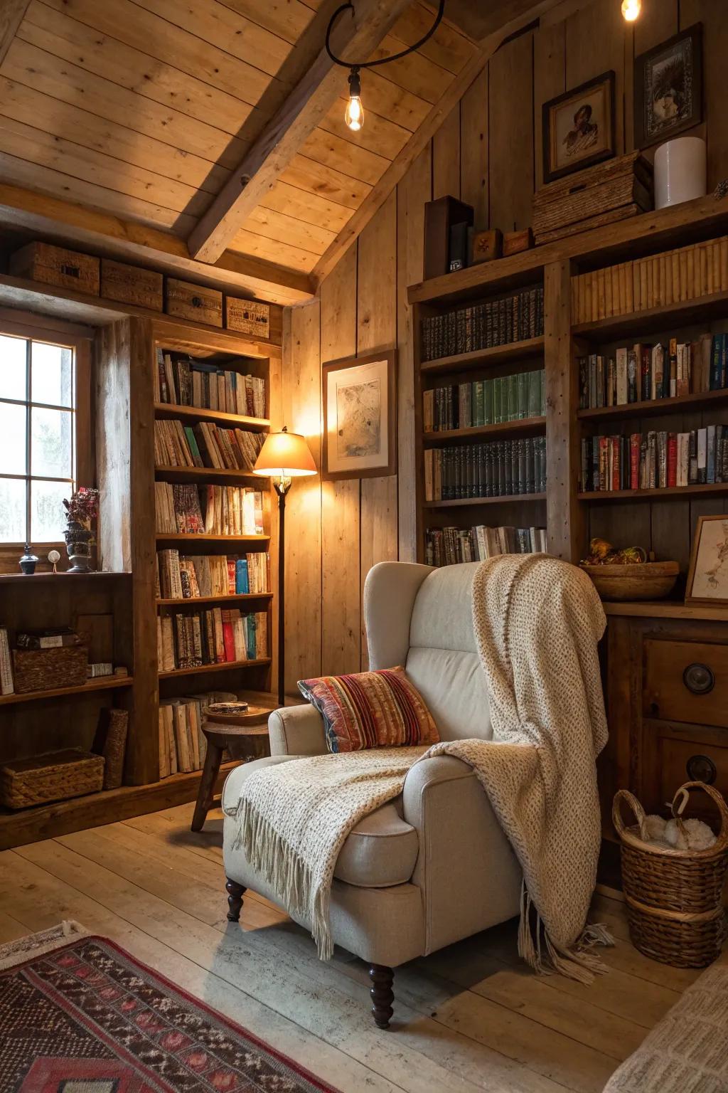 A comfortable armchair in a cozy corner invites relaxation and reading.